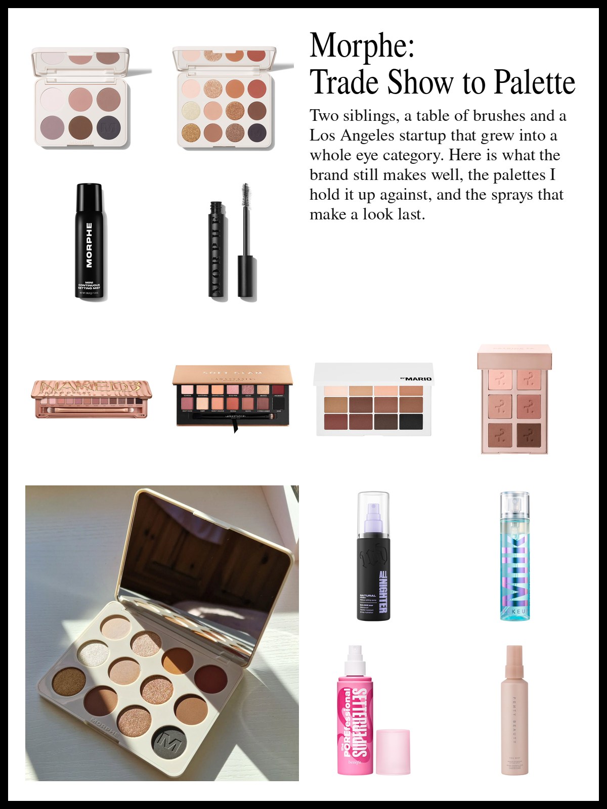 Collage of Morphe eye and brow products, eyeshadow palettes and setting sprays beside a photo of four pastel lip treatment boxes in pink, gray, cream and hot pink stacked up with a glossy red cherry on top against a dark gray backdrop.