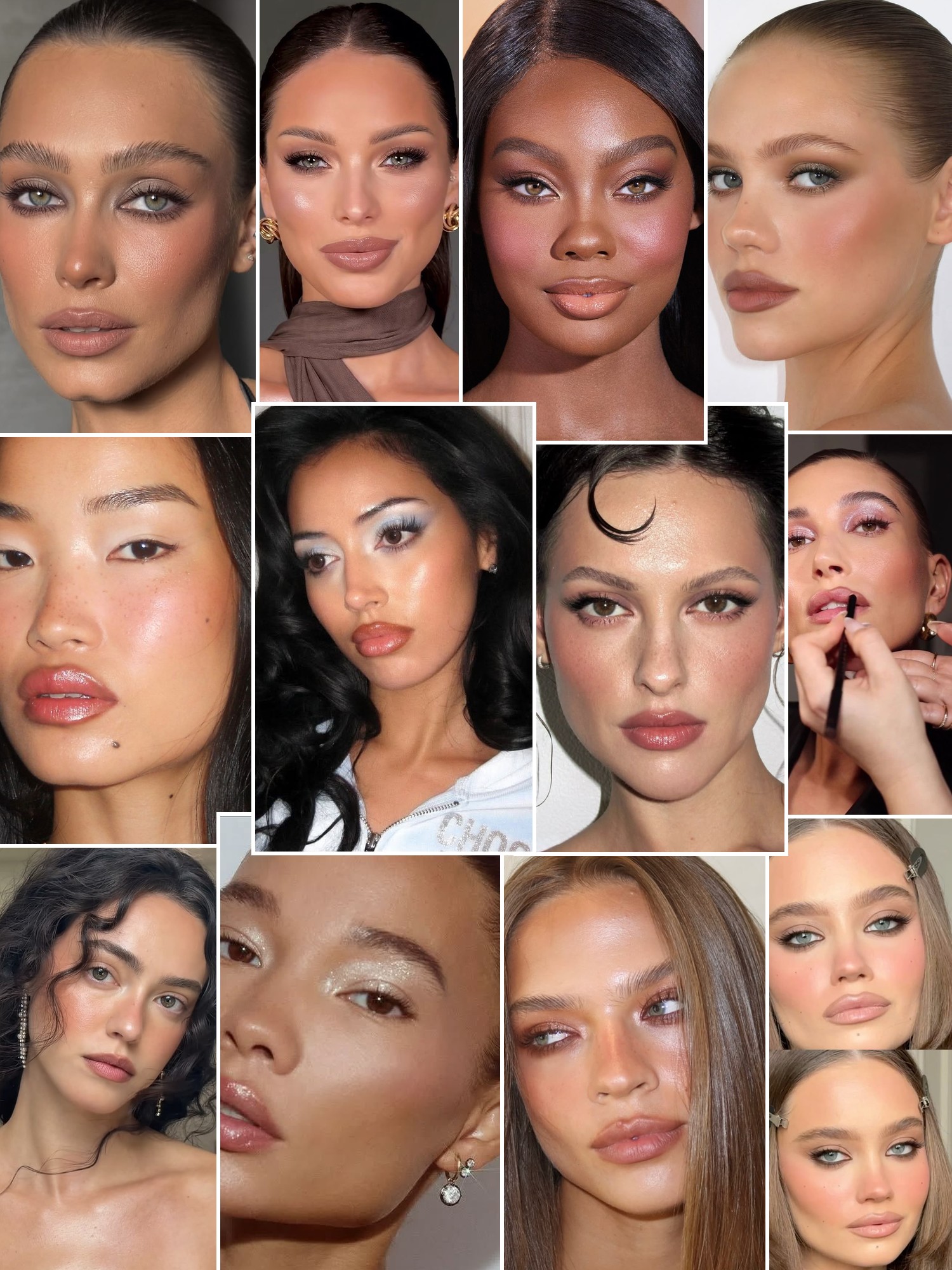 Collage of soft glam makeup, sculpted brows and luminous beauty looks.
