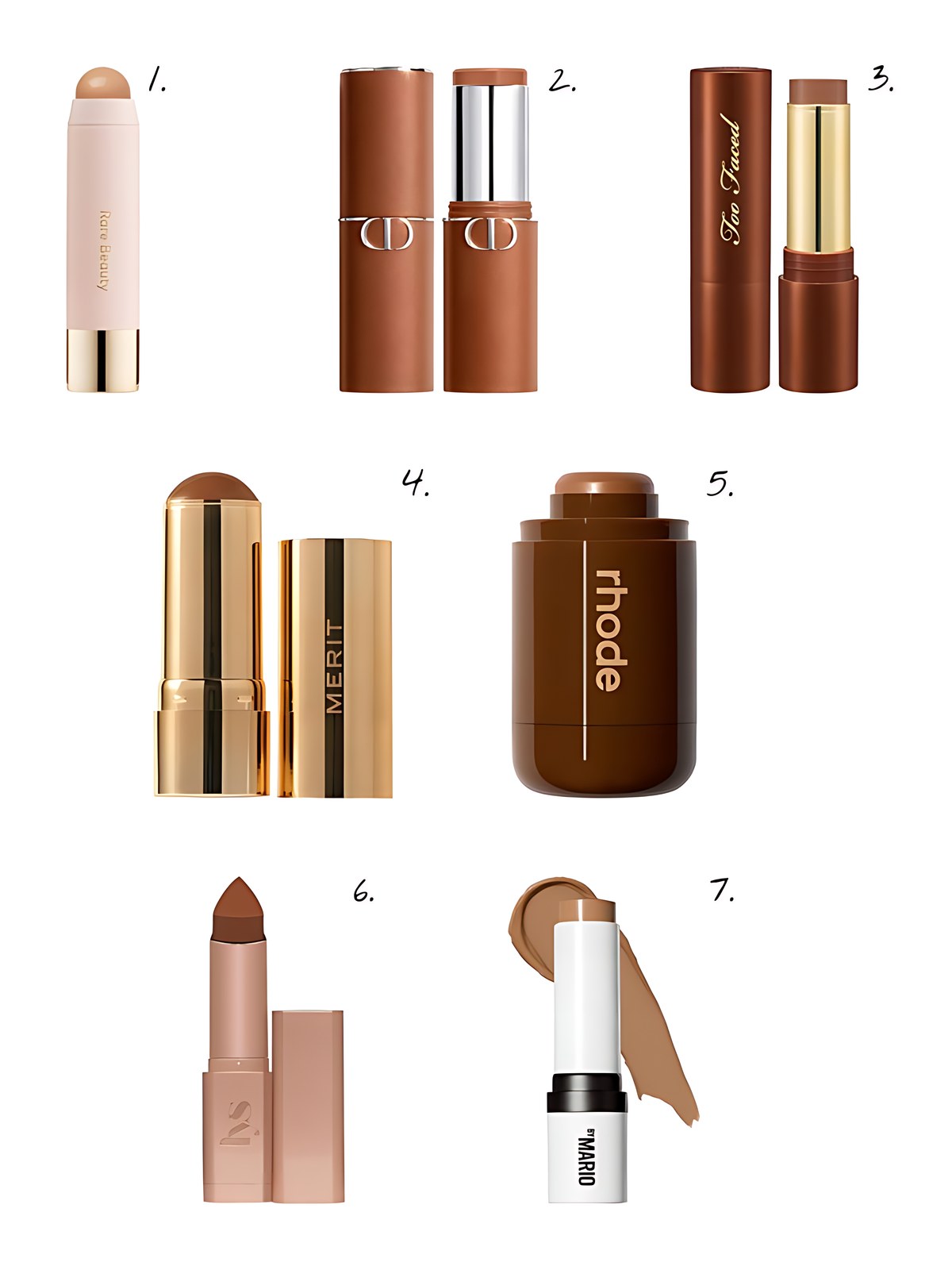 Numbered collage: 1. Rare Beauty by Selena Gomez Warm Wishes Effortless Cream Bronzer Stick in Power Boost; 2. Dior Forever Skin Bronze Bronzing Balm Stick – Natural Skin Finish in 02; 3. Too Faced Chocolate Soleil Melting Bronzing & Sculpting Stick in Chocolate Souffle; 4. MERIT Bronze Balm Sheer Sculpting Bronzer in Siene; 5. rhode Pocket Bronze Long-Wearing Cream Bronzer in sip; 6. LYS Beauty No Limits Cream Bronzer and Contour Stick in Honest; 7. MAKEUP BY MARIO SoftSculpt Cream Contour & Bronzer Shaping Stick in Light Medium
