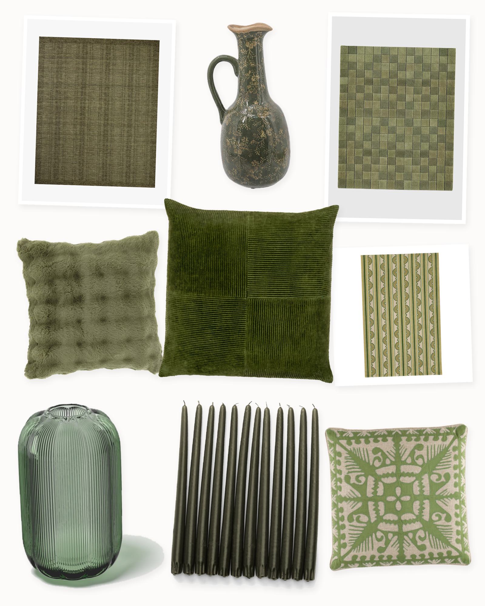 Collage on an off-white background showing Fab Faux Decorative Pillow Cover in Olive, Olive Taper Candles, Set of 12, Samford Olive Wool Rug, Knight Wood Linen Decorative Pillow Cover in Olive, Villeroy & Boch Fleur Olive Vase, Button Hand Micro Hooked Wool Rug in Olive, Selma Cotton Reversible Pillow Cover, Olive Green Ceramic Pitcher Vase and Jubi Soft Olive Checkered Hand Tufted Wool Rug.