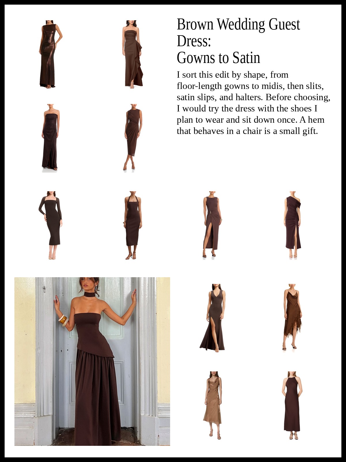 Collage of floor-length gowns, brown midis, slit gowns, and satin slips and halter dresses
