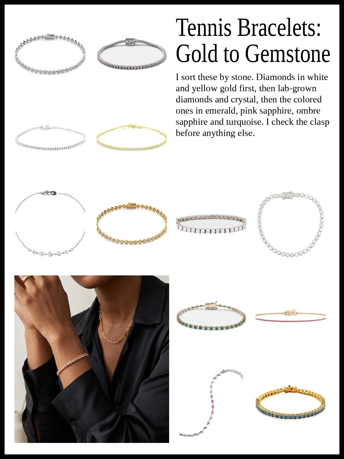 Tennis bracelets collage: diamonds, lab-grown and colored stones