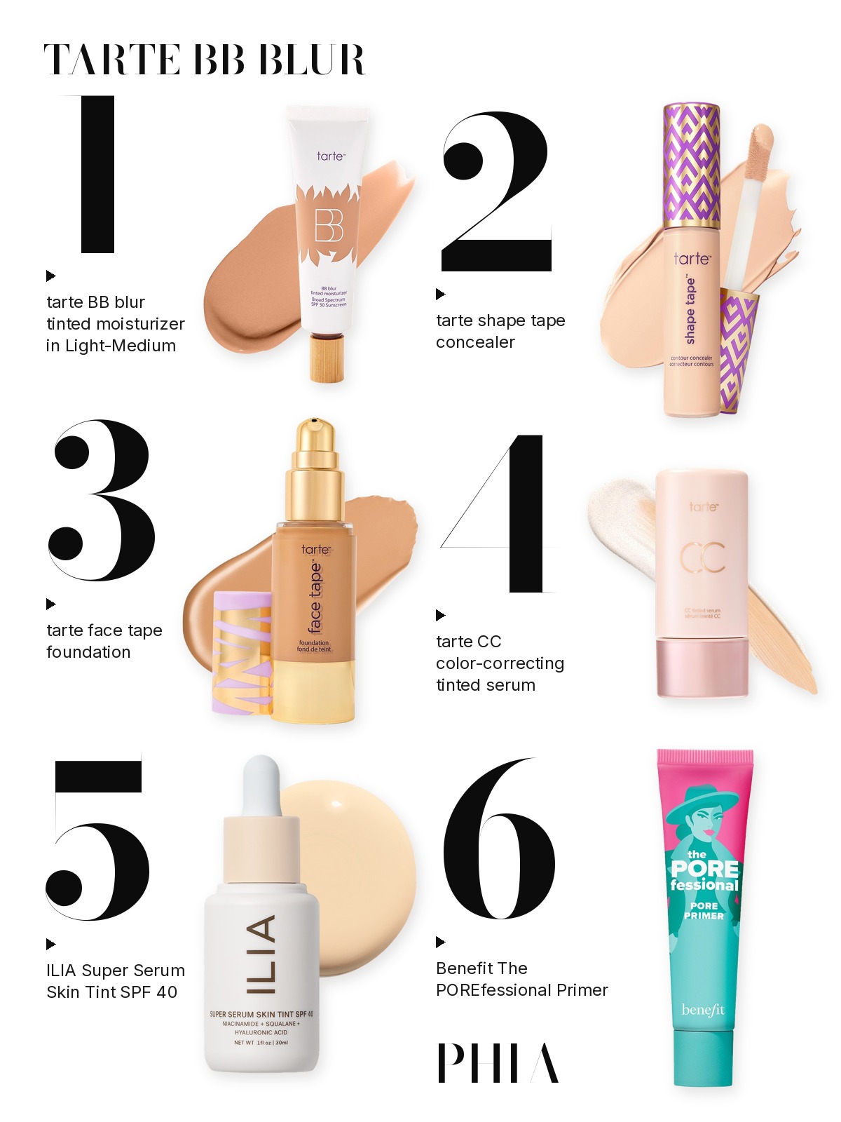 Big numbers collage titled TARTE BB BLUR, six products numbered one to six with each product set beside its number: tarte, ILIA and Benefit