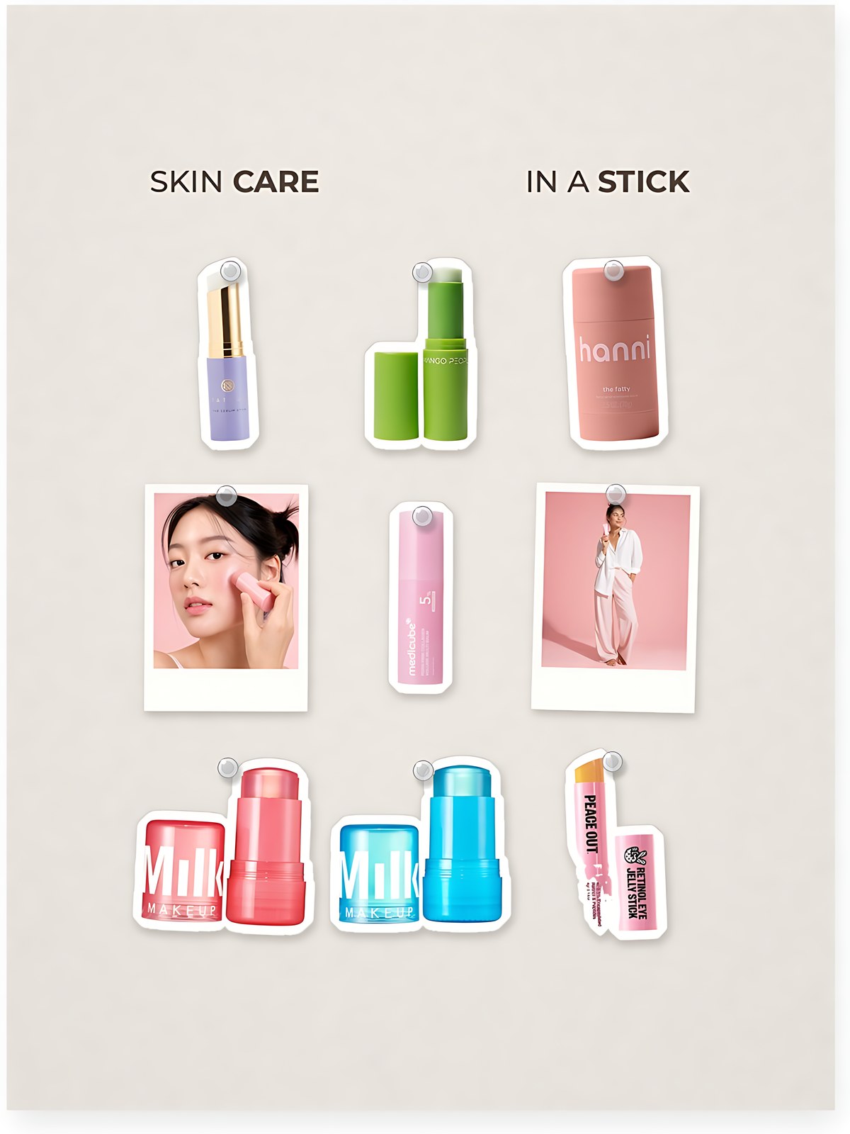 Cut-out product collage with two campaign-style photos: medicube medicube PDRN Pink Collagen Volume Multi Balm; Tatcha The Serum Stick Line-Smoothing Treatment & Touch Up Balm; Mango People Juicy Glow Prep & Hydrate Balm Stick with Centella Asiatica; Hanni The Fatty, Fatty Acid Moisture Stick for moisture barrier; Milk Makeup Watermelon Jelly Brightening Serum Stick with Peptides; Milk Makeup Cooling Water Jelly Ice Soothing Serum Stick with Niacinamide; Peace Out Retinol Eye Treatment Jelly Stick For Fine Lines & Wrinkles
