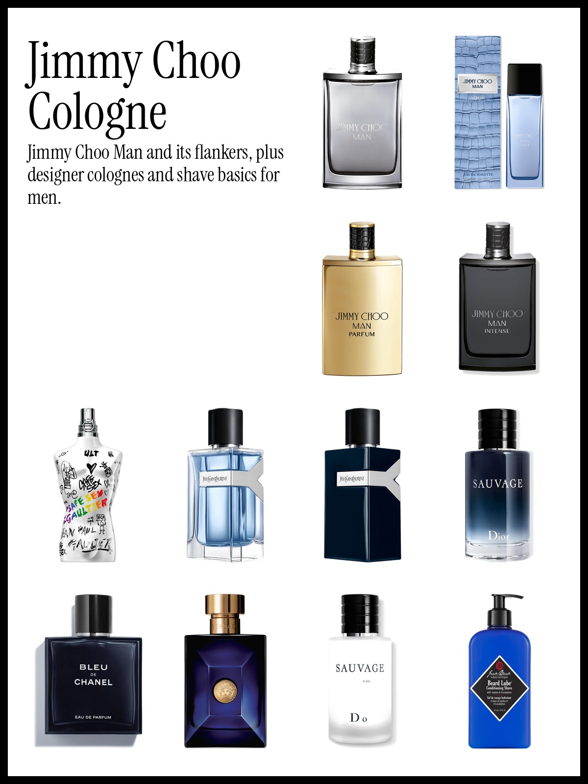 Collage of Jimmy Choo Man Eau de Toilette, Jean Paul Gaultier Pride Le Male Eau de Toilette and Dior Sauvage Eau de Toilette