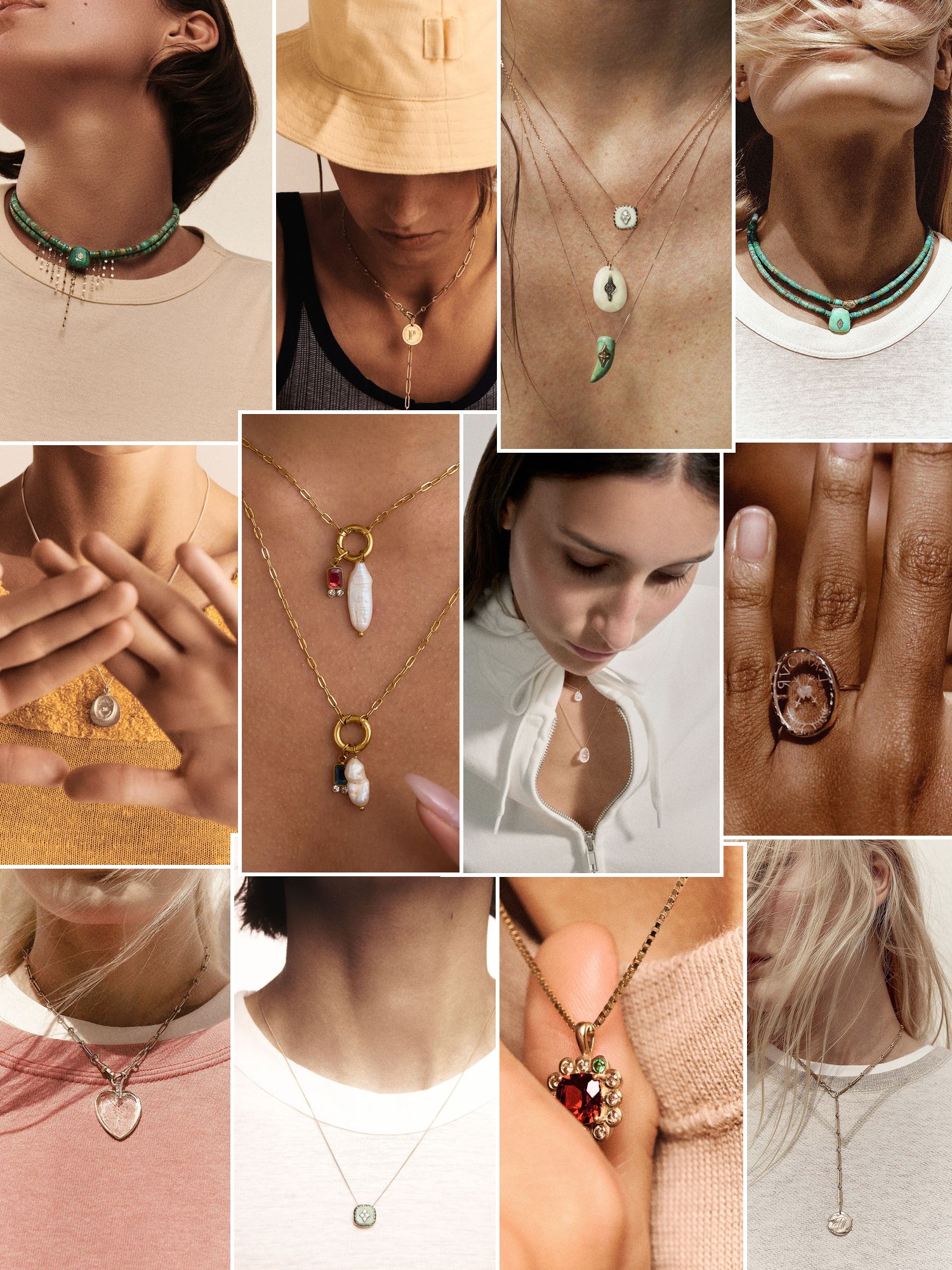 Collage of rings, earrings and layered necklaces worn up close, in the spirit of Pascale Monvoisin