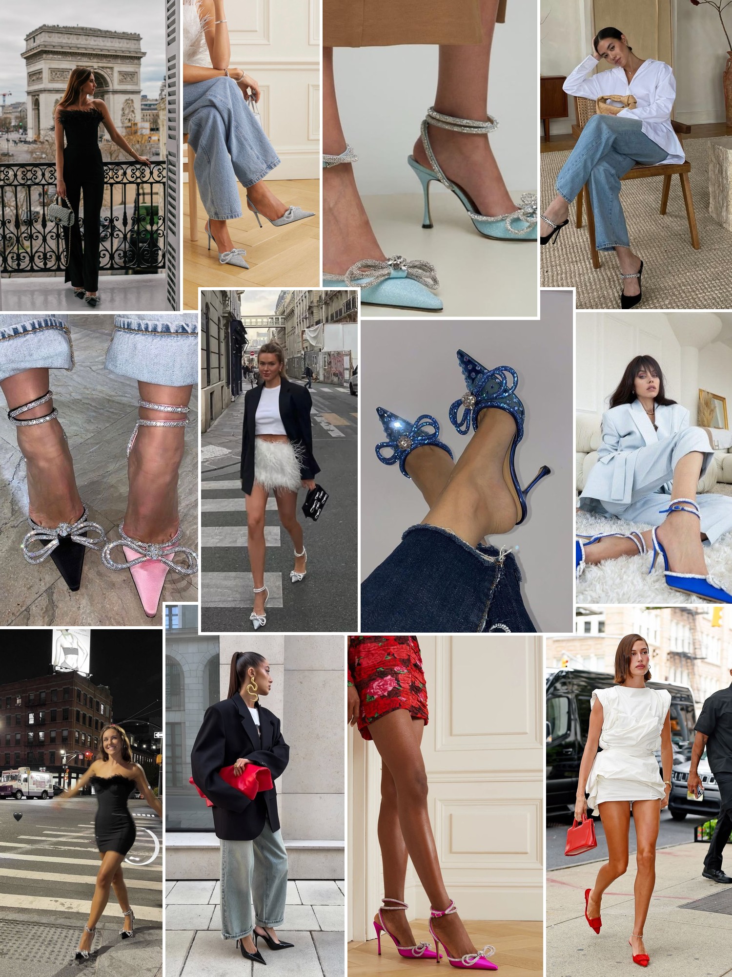 Collage of women styling crystal bow heels with denim, tailored pieces, dresses and evening looks
