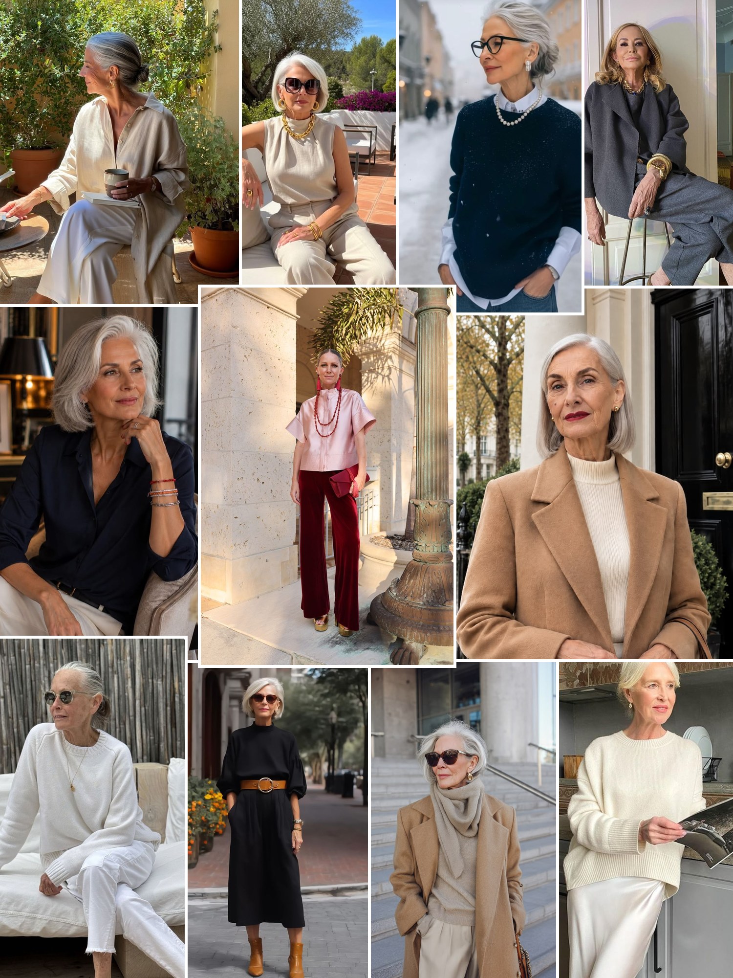 Street style collage of women wearing gifts for older women