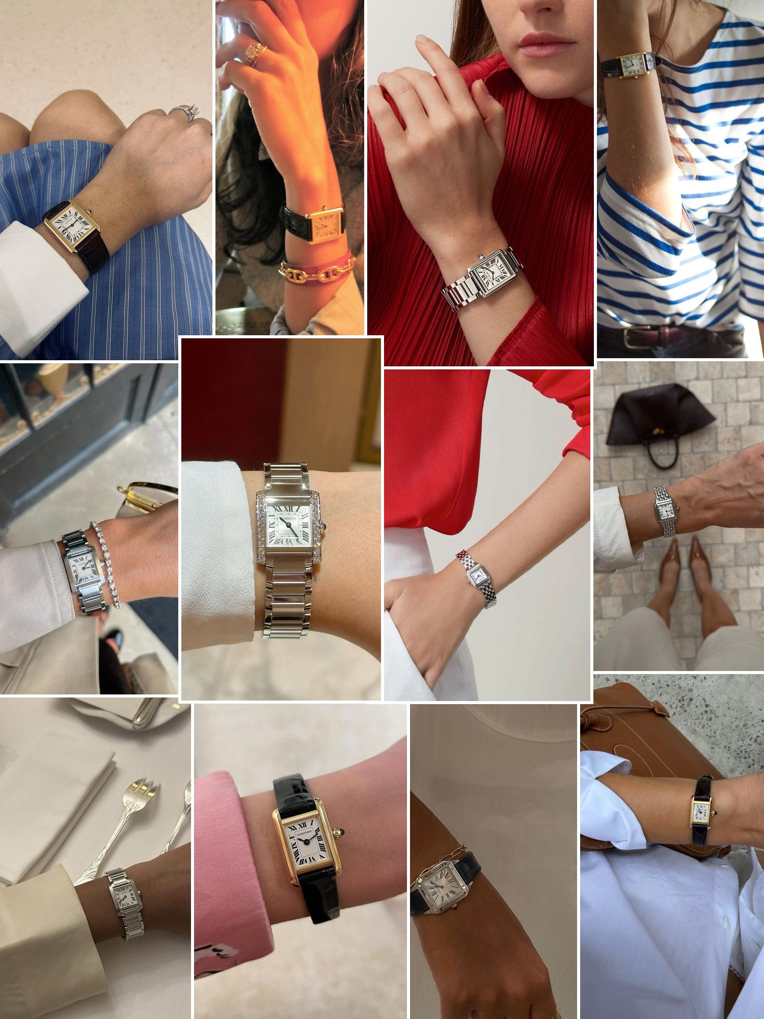 Street style collage of women wearing Cartier Tank Solo