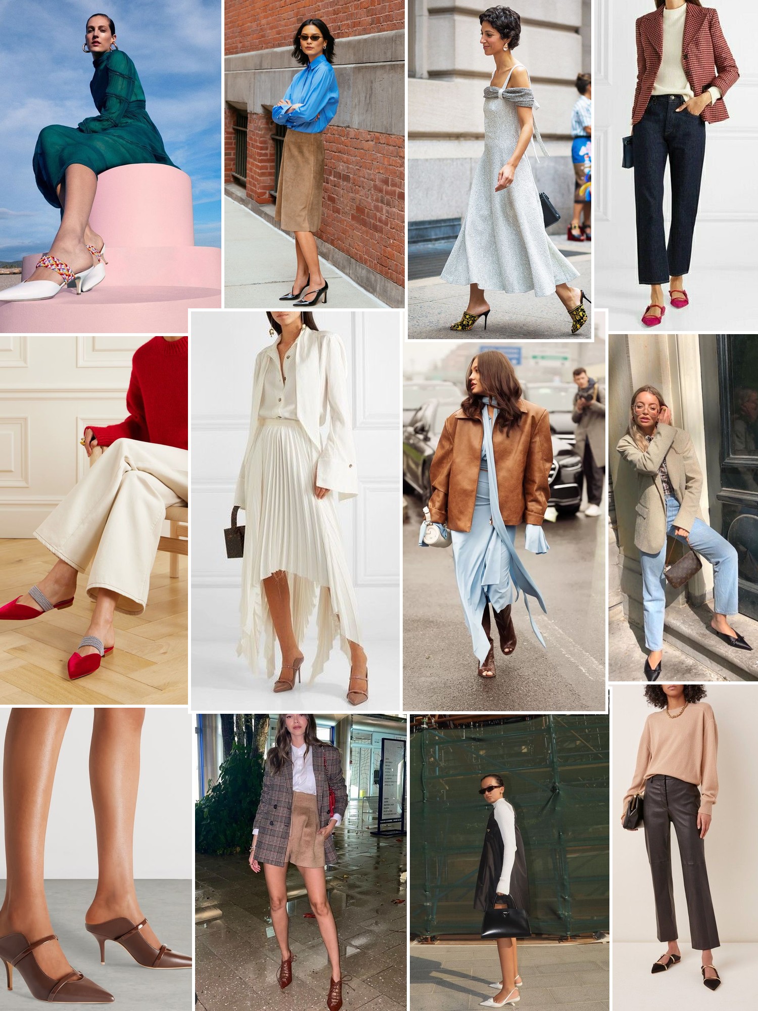Heels styled with tailored trousers, dresses, denim and polished city outfits.