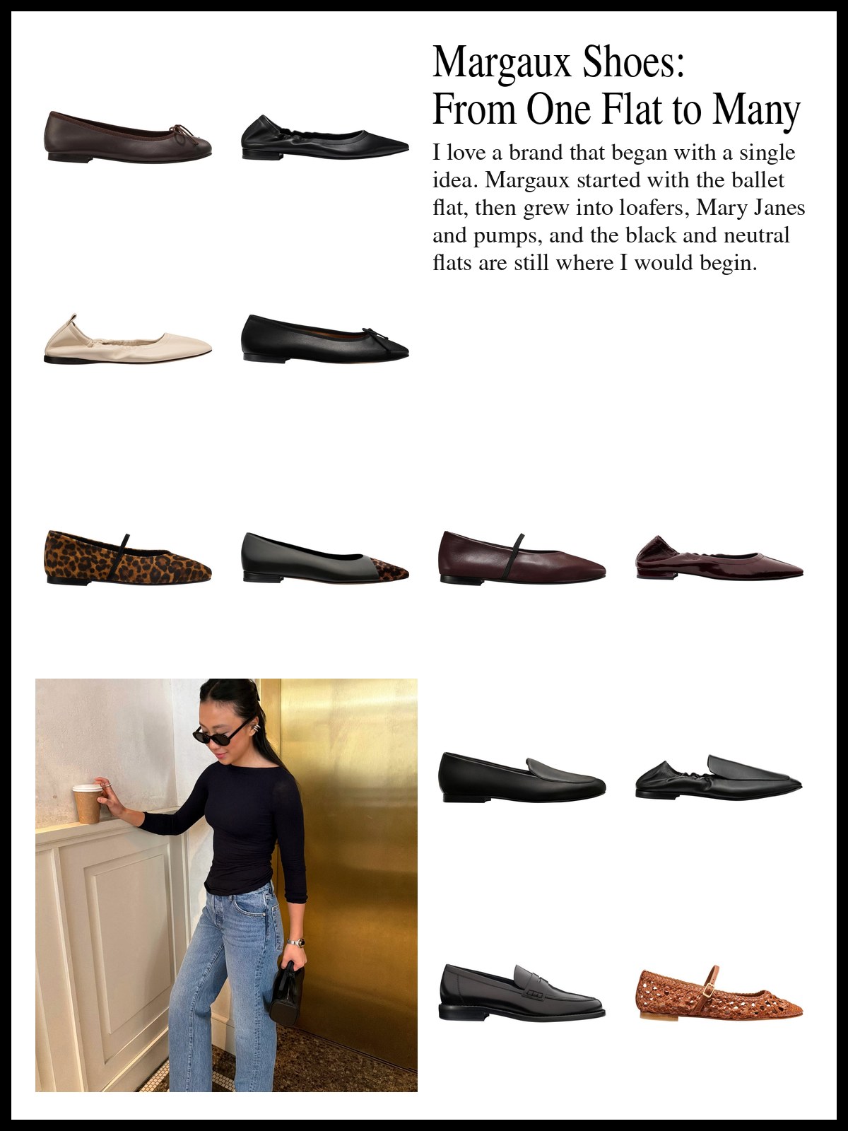 A collage of Margaux ballet flats, loafers, Mary Janes and pumps in black, bone, wine and leopard, and a mood photo of a woman in a black top, jeans and black ballet flats.