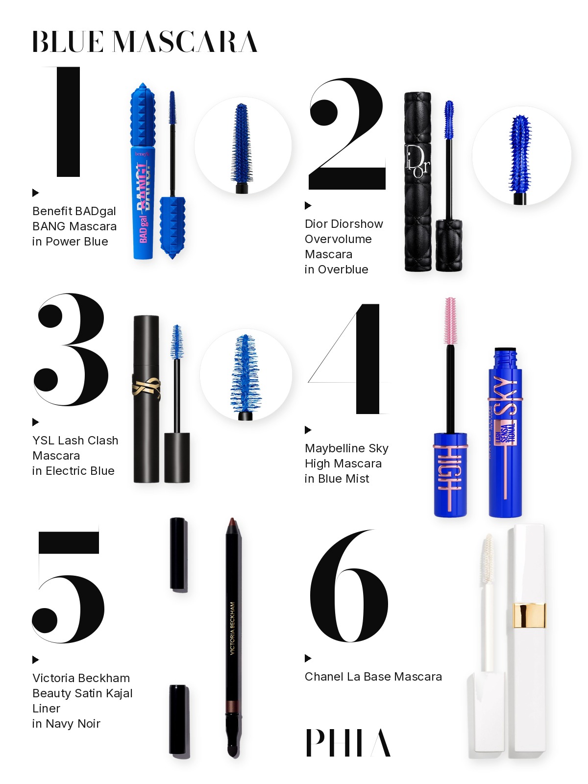 Big numbers collage titled BLUE MASCARA, six products numbered one to six with each product set beside its number: Benefit, Dior, YSL, Maybelline, Victoria Beckham Beauty and CHANEL
