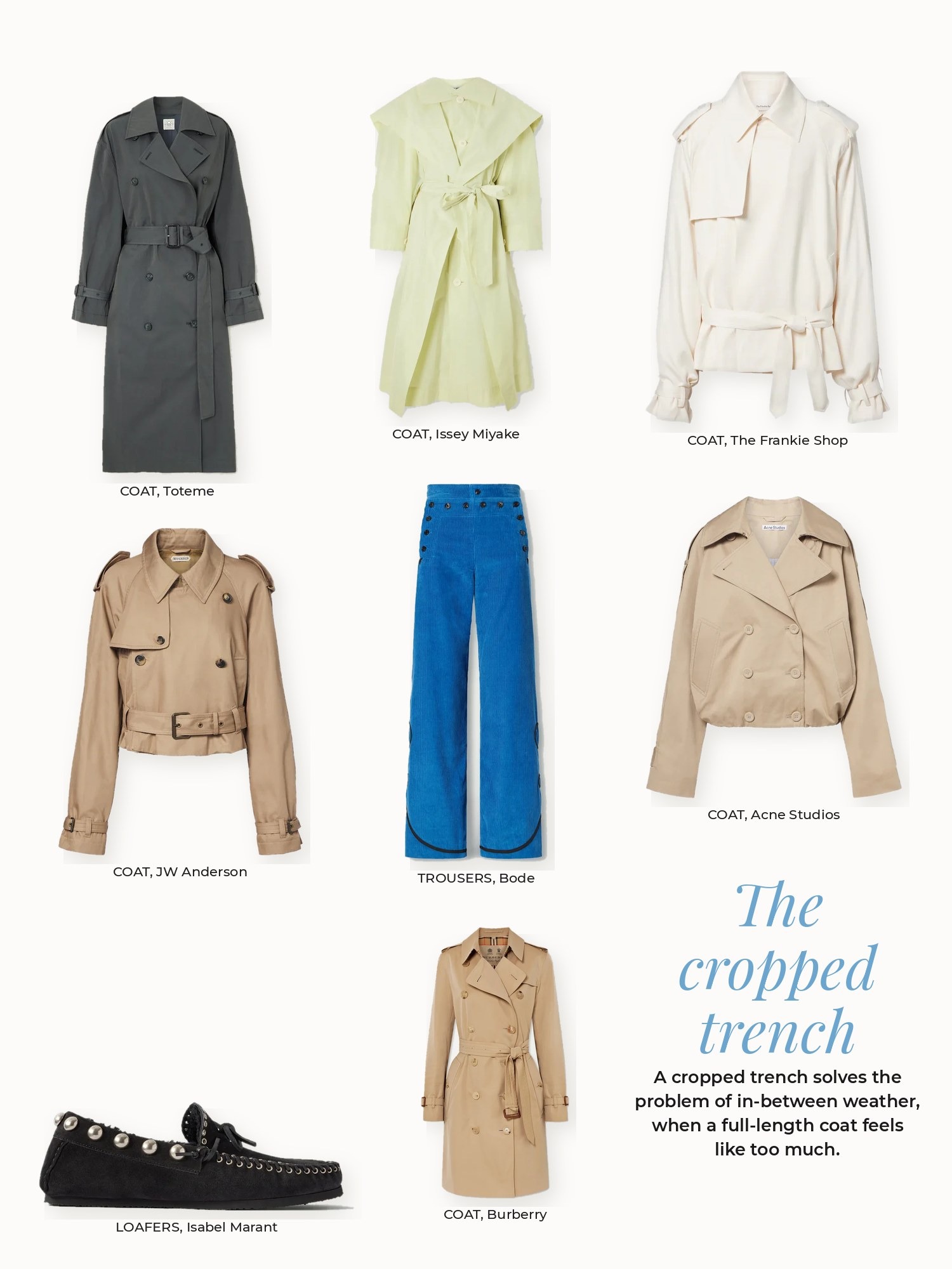 Cropped trench collage: Acne Studios, Bode, Burberry, Isabel Marant, Issey Miyake, JW Anderson, The Frankie Shop, Toteme
