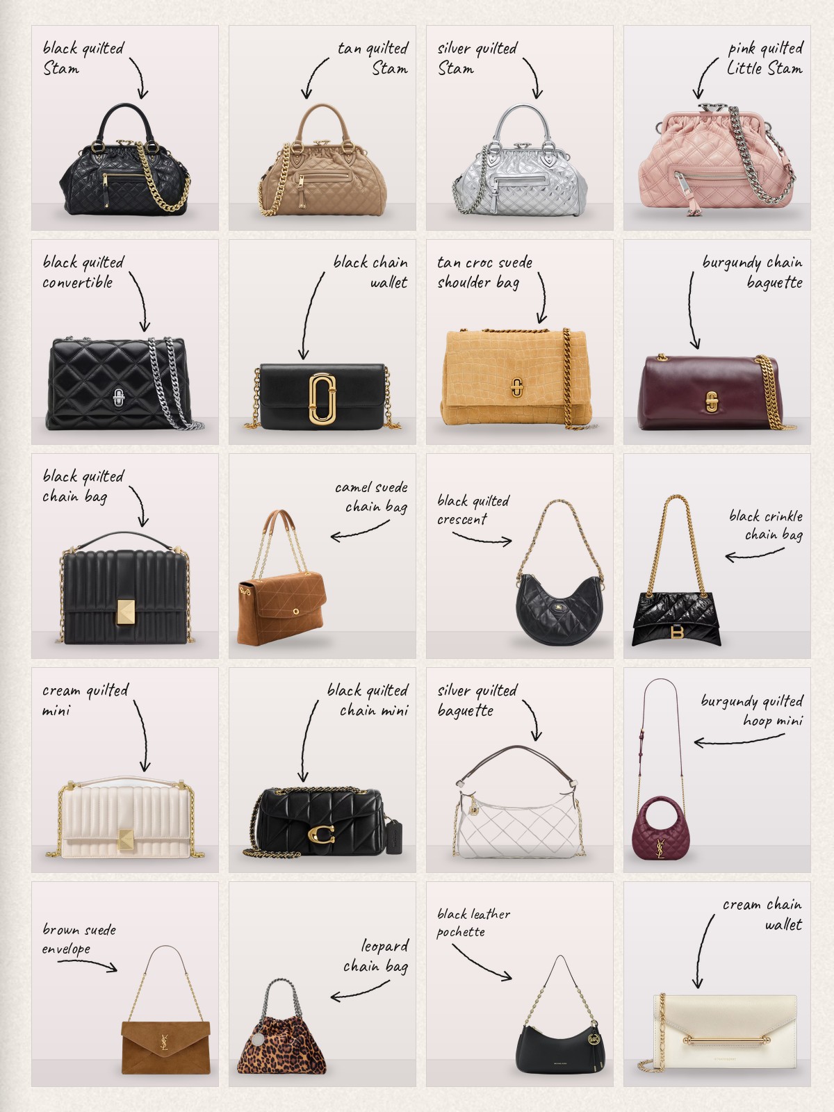 Collage of 20 pieces for Marc Jacobs Stam bag