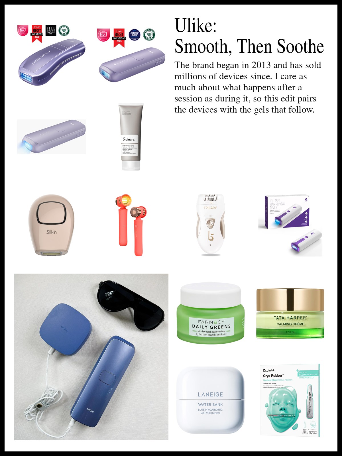 Collage of IPL devices, epilators and cooling gels beside a photo of a pink cream blush compact, a lip tube and a pot of cream sitting in a mirrored silver tray on a soft pink surface.