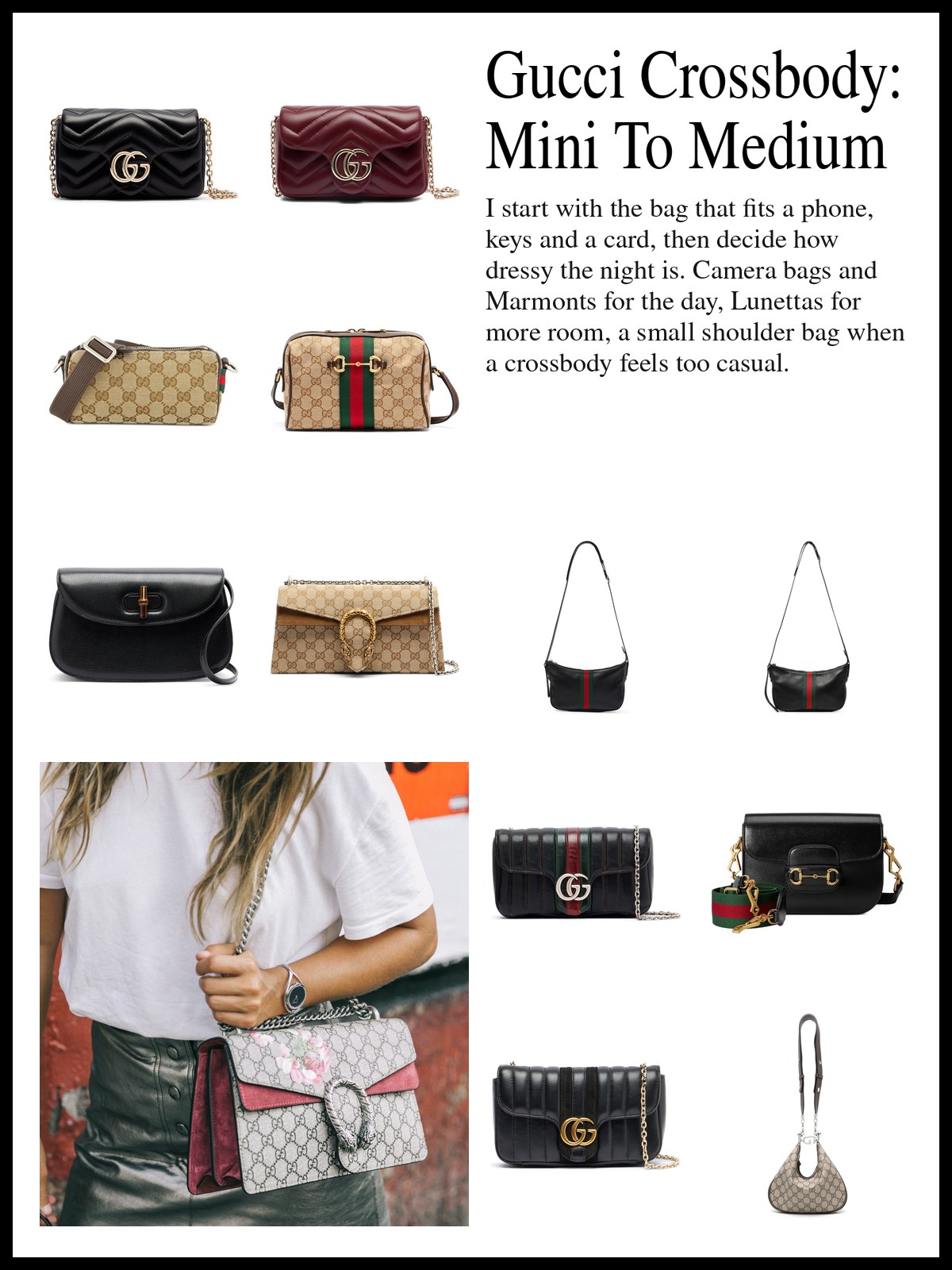 Collage of Gucci mini crossbody and camera bags, small and medium crossbody bags, and small shoulder bags, and a mood photo of a woman in a white T-shirt and leather skirt carrying a GG canvas shoulder bag on a chain.