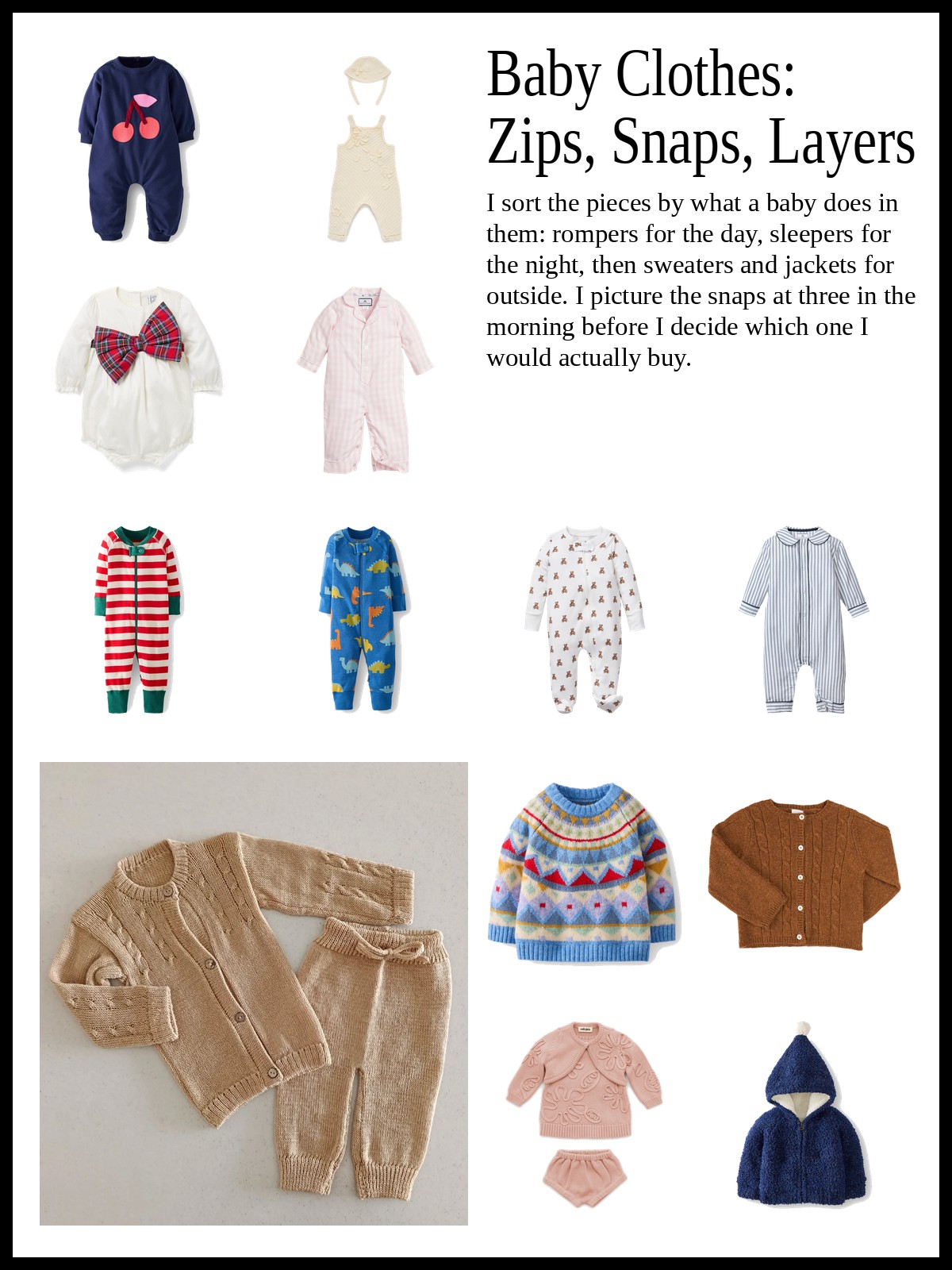 Collage of baby rompers and one-pieces, footed sleepers and pajamas, and baby sweater sets and hooded jackets, and a mood photo of a knit baby cardigan and pants laid flat