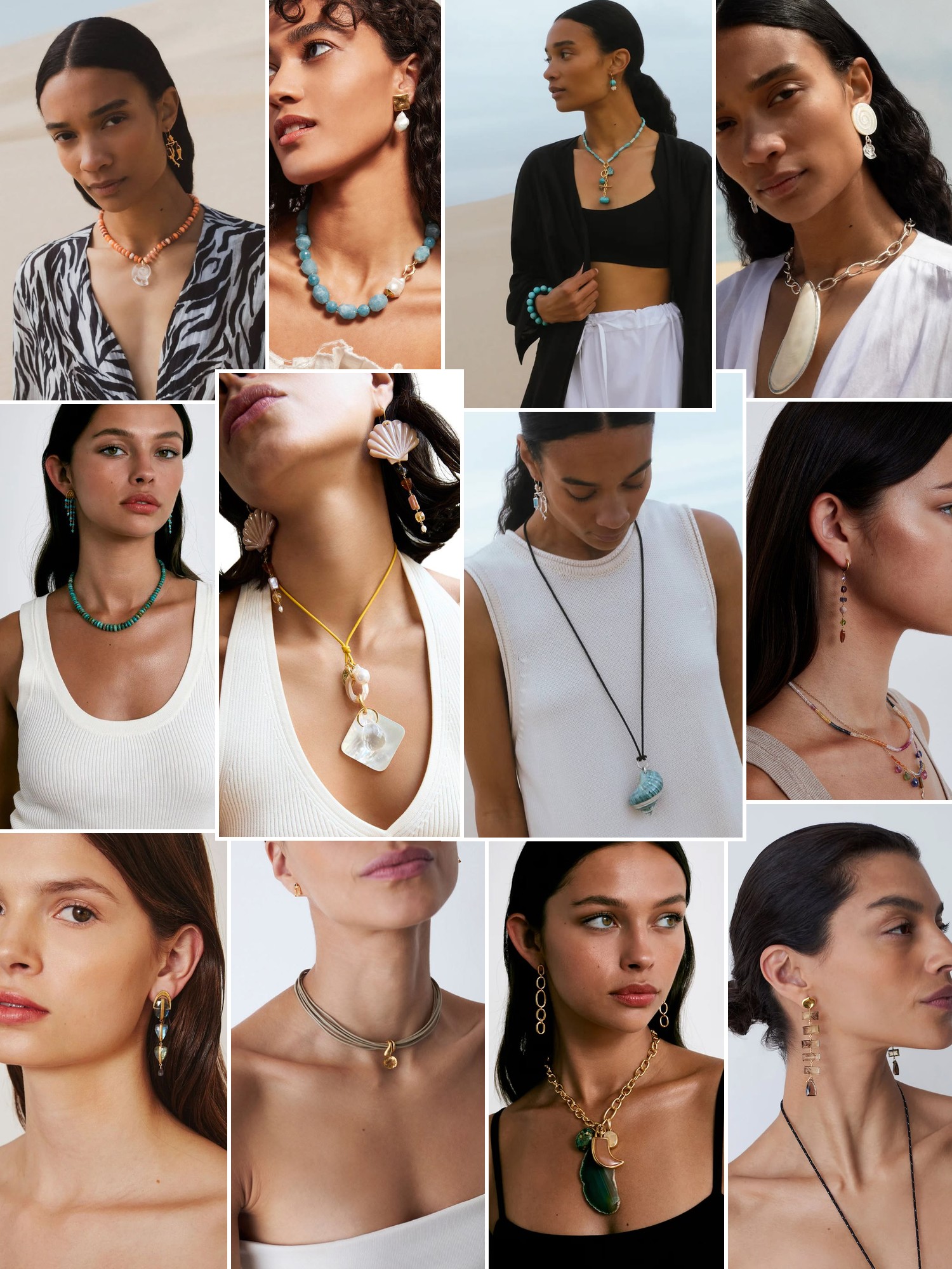 Collage of rings, earrings and layered necklaces worn up close, in the spirit of Chan Luu