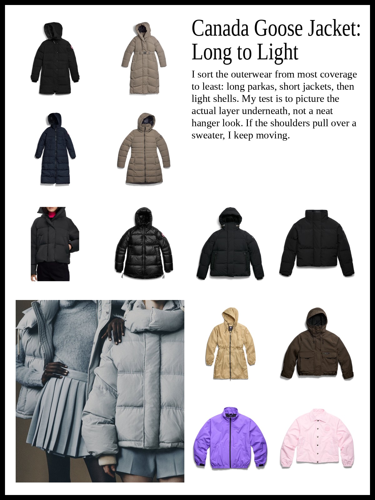 Collage of down parkas, short insulated jackets, and lightweight outerwear, plus a mood photo of sculptural outerwear styled in a studio