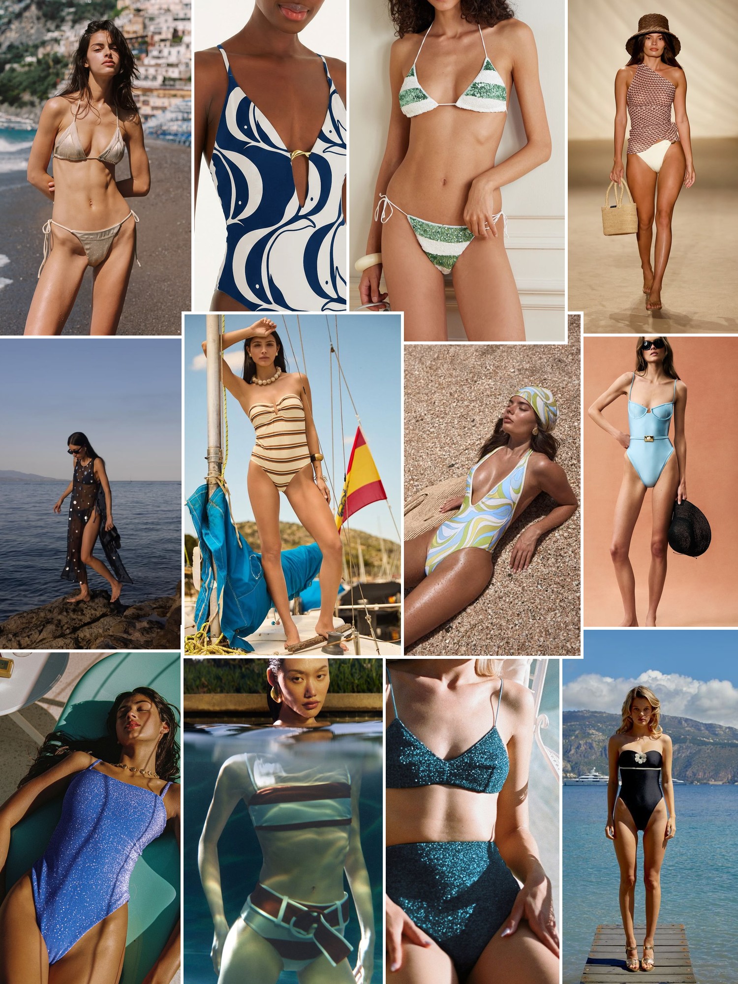 Collage of swimwear on sunlit beaches and by the water, in the spirit of Éterne