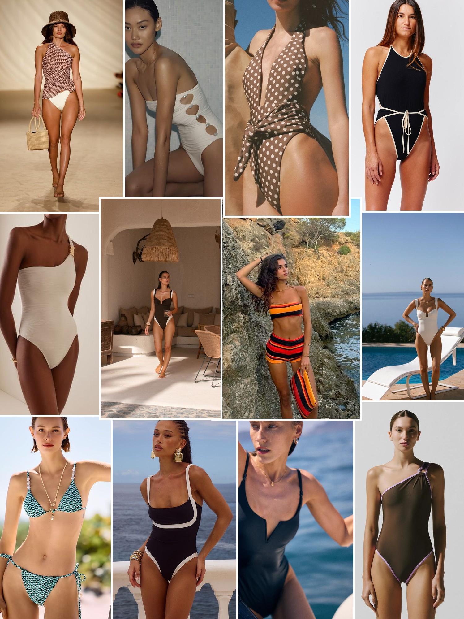Collage of swimwear on sunlit beaches and by the water, in the spirit of La Porte
