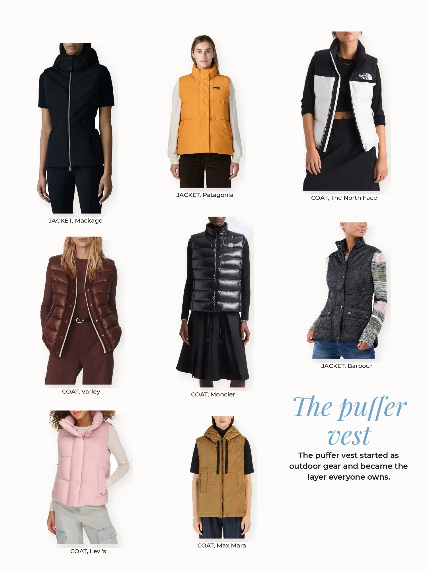 Puffer vest collage: Barbour, Levi's, Mackage, Max Mara, Moncler, Patagonia, The North Face, Varley