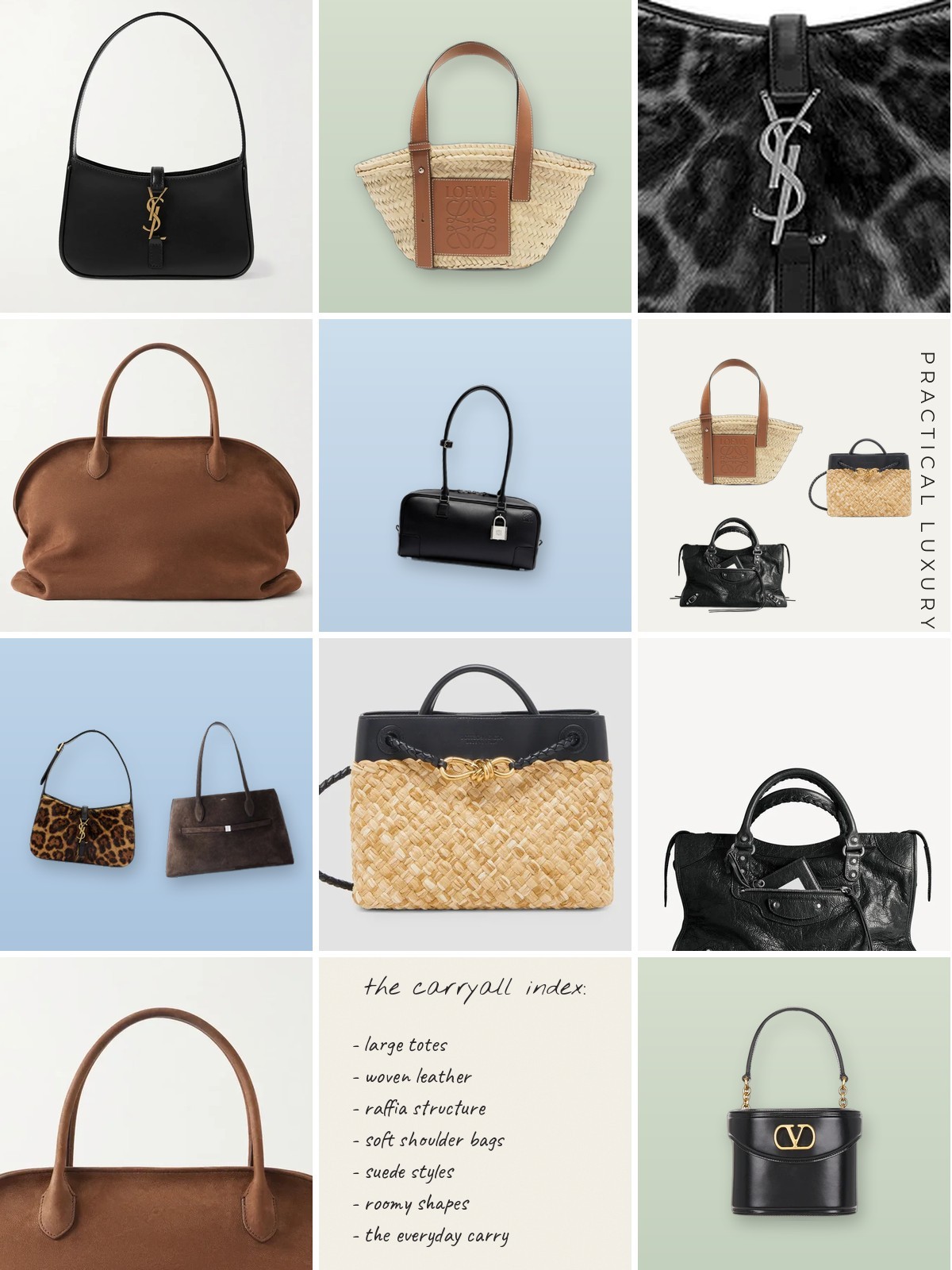 The Carryall Index collage with picks from Saint Laurent, Loewe, Valentino and Poolside Bags