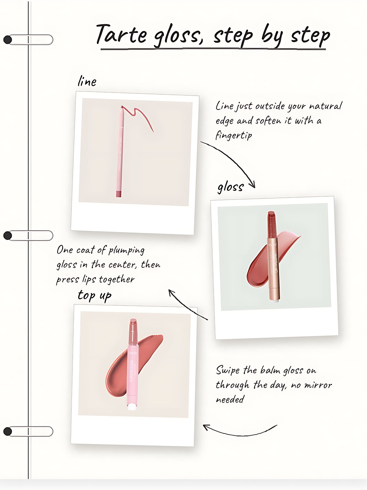 Notebook collage showing tarte maracuja juicy lip liner in Blush Pink, tarte maracuja juicy lip plumping gloss in Rosy Mauve and tarte maracuja juicy lip hydrating balm gloss in Coconut as three steps