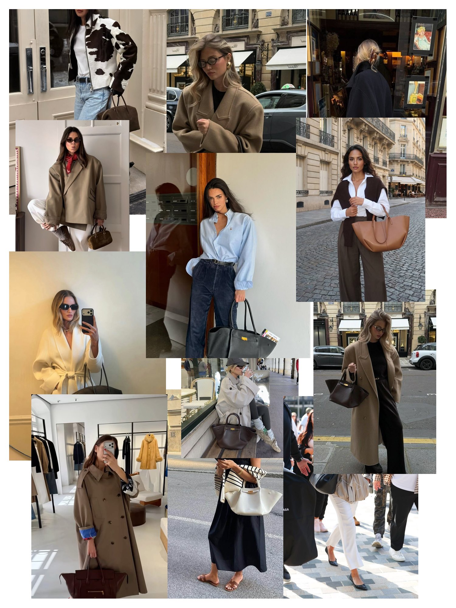 Street-style collage of 12 outfit photos featuring demellier bag, scattered and overlapping