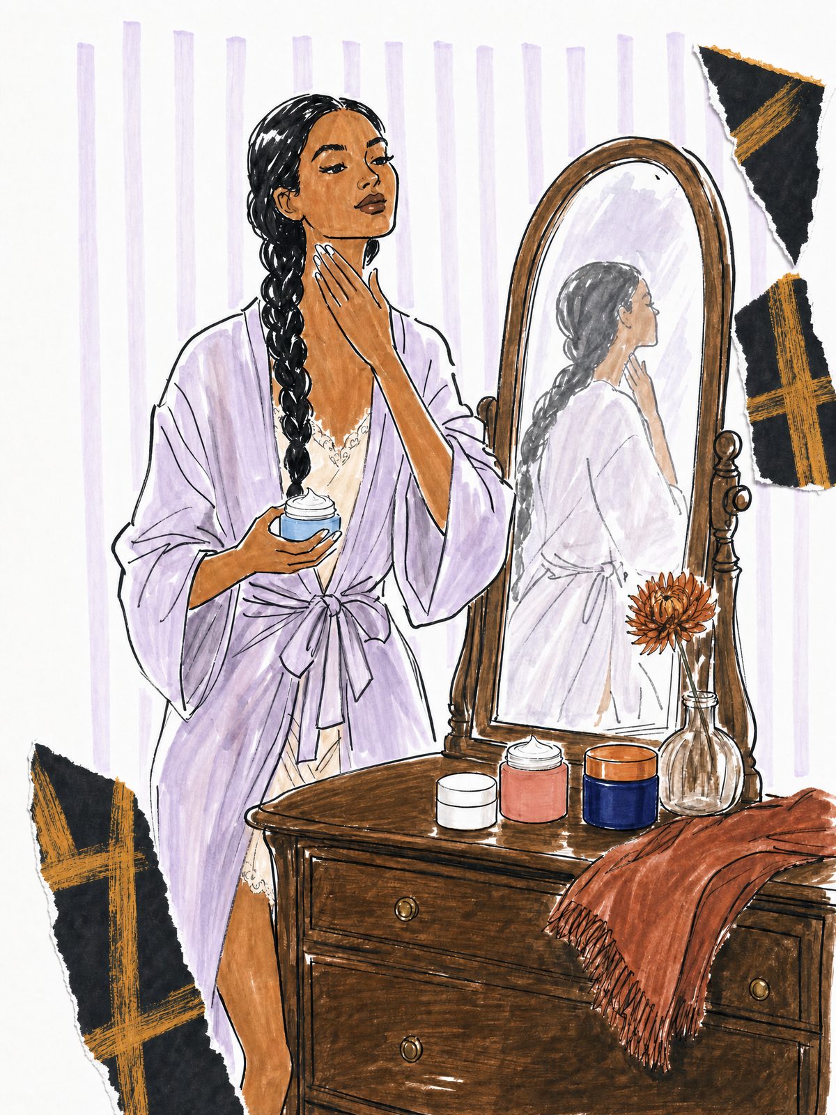 Illustration of a woman with a long braid in a lavender robe at a wooden dresser, smoothing face cream onto her neck with an open blue jar in hand and three more cream jars on the dresser