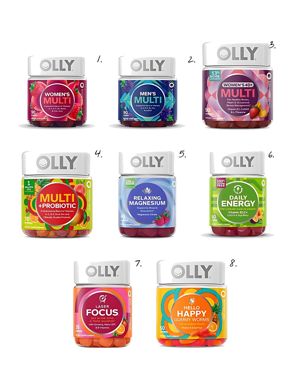 Numbered collage: 1. OLLY The Perfect Women's Multi, Blissful Berry, 90 Gummies; 2. OLLY The Perfect Men's Multi, Blackberry Blitz, 90 Gummies; 3. OLLY Women's 40+ Multivitamin Gummies, 90ct; 4. OLLY Adult Multivitamin + Probiotic Supplement Gummies, 70ct; 5. OLLY Vitamin Magnesium Gummies, 60ct; 6. OLLY Daily Energy Gummies, Tropical Passion, 60 Gummies; 7. OLLY Laser Focus Gummies, Berry Tangy Tangerine, 36 Count; 8. OLLY Hello Happy Gummy Worm Supplements with Vitamin D and Saffron, 60ct
