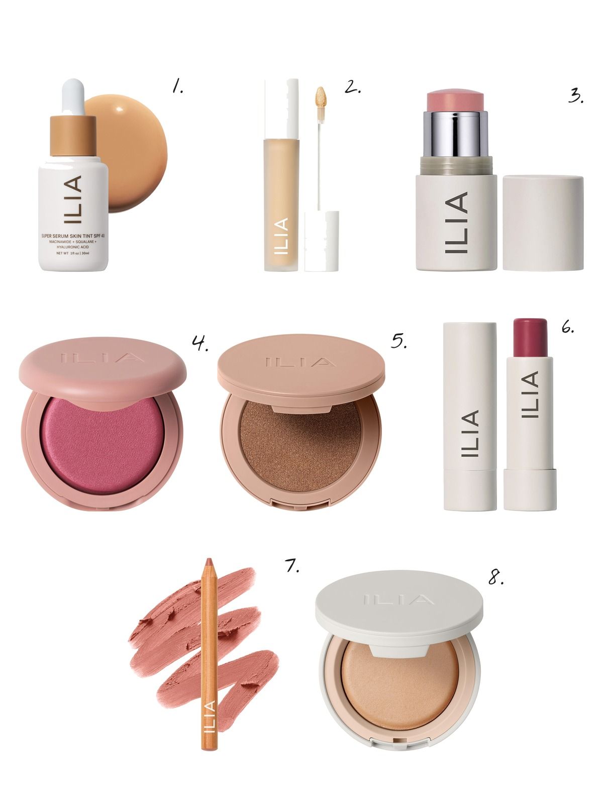 Numbered collage: 1. ILIA Super Serum Skin Tint SPF 40 - Hydrating Foundation; 2. ILIA Skin Blur Serum Concealer with 12-Hour Wear; 3. ILIA Multi-Stick Cream Blush + Highlighter + Lip Tint; 4. ILIA Soft Focus Blurring Blush - Talc-Free Powder Blush; 5. ILIA Sunshift Weightless Silky Cream Bronzer with 12-hour Wear; 6. ILIA Balmy Tint Hydrating Lip Balm; 7. ILIA Lip Sketch Hydrating Lipstick + Lip Liner Crayon; 8. ILIA Soft Focus Finishing Powder with 12-Hour Shine Control