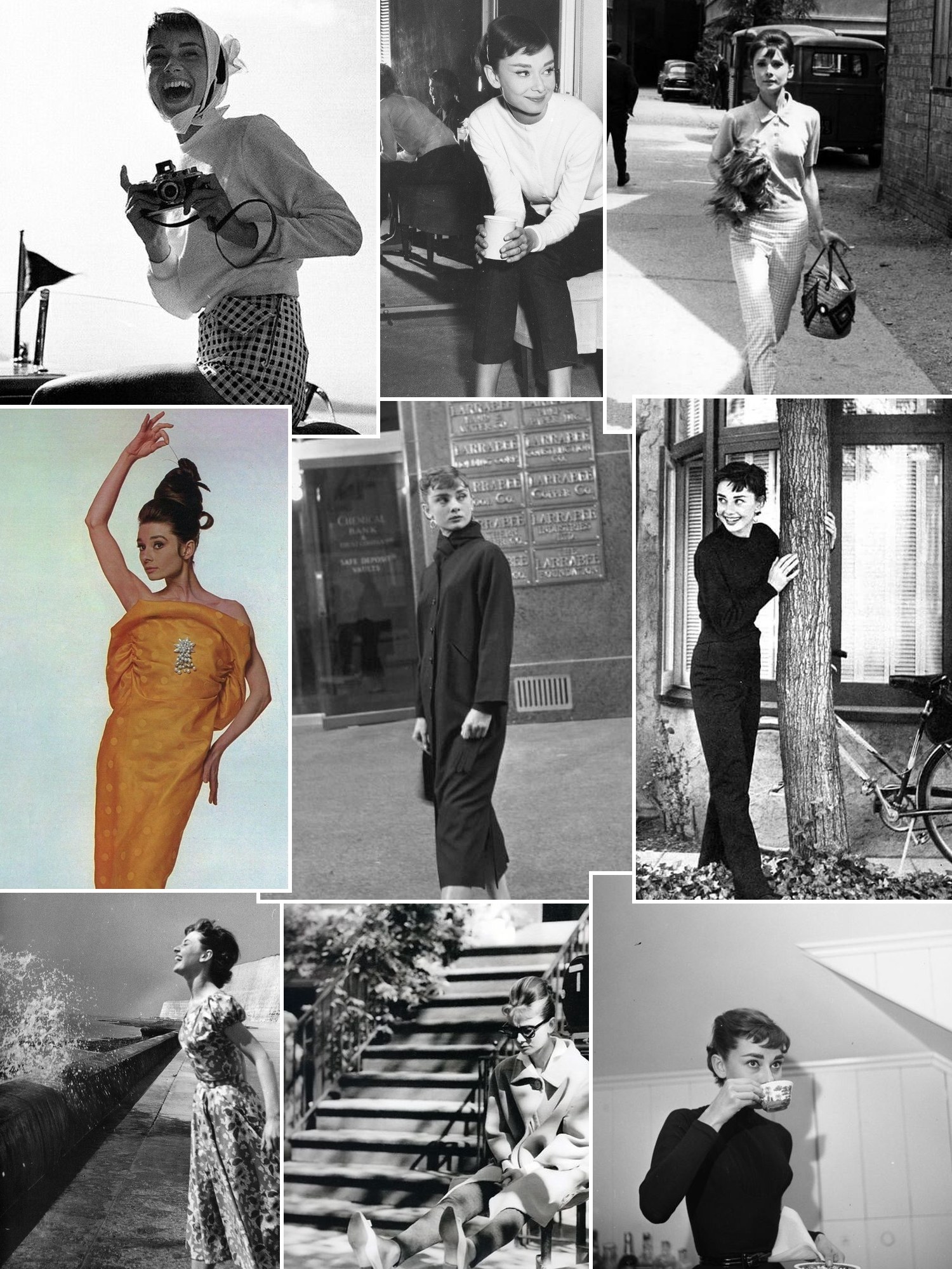 Collage of everyday outfits built around Audrey Hepburn style