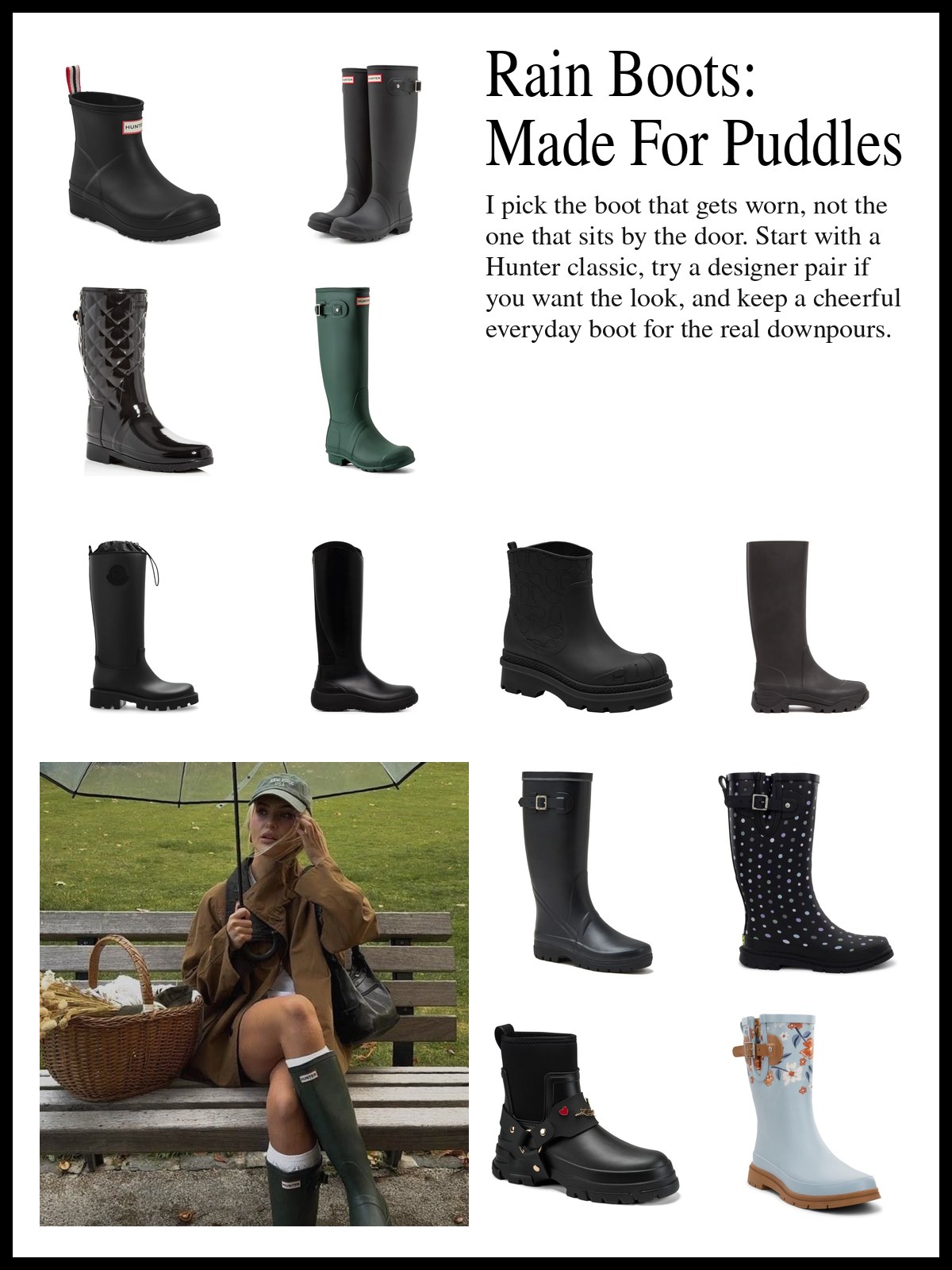 Collage of glossy tall Hunter boots and Chelsea boots, designer rubber boots with checks and logos, and bright everyday tall boots, and a mood photo of a trench coat, tall green rubber boots and a clear umbrella on a park bench.