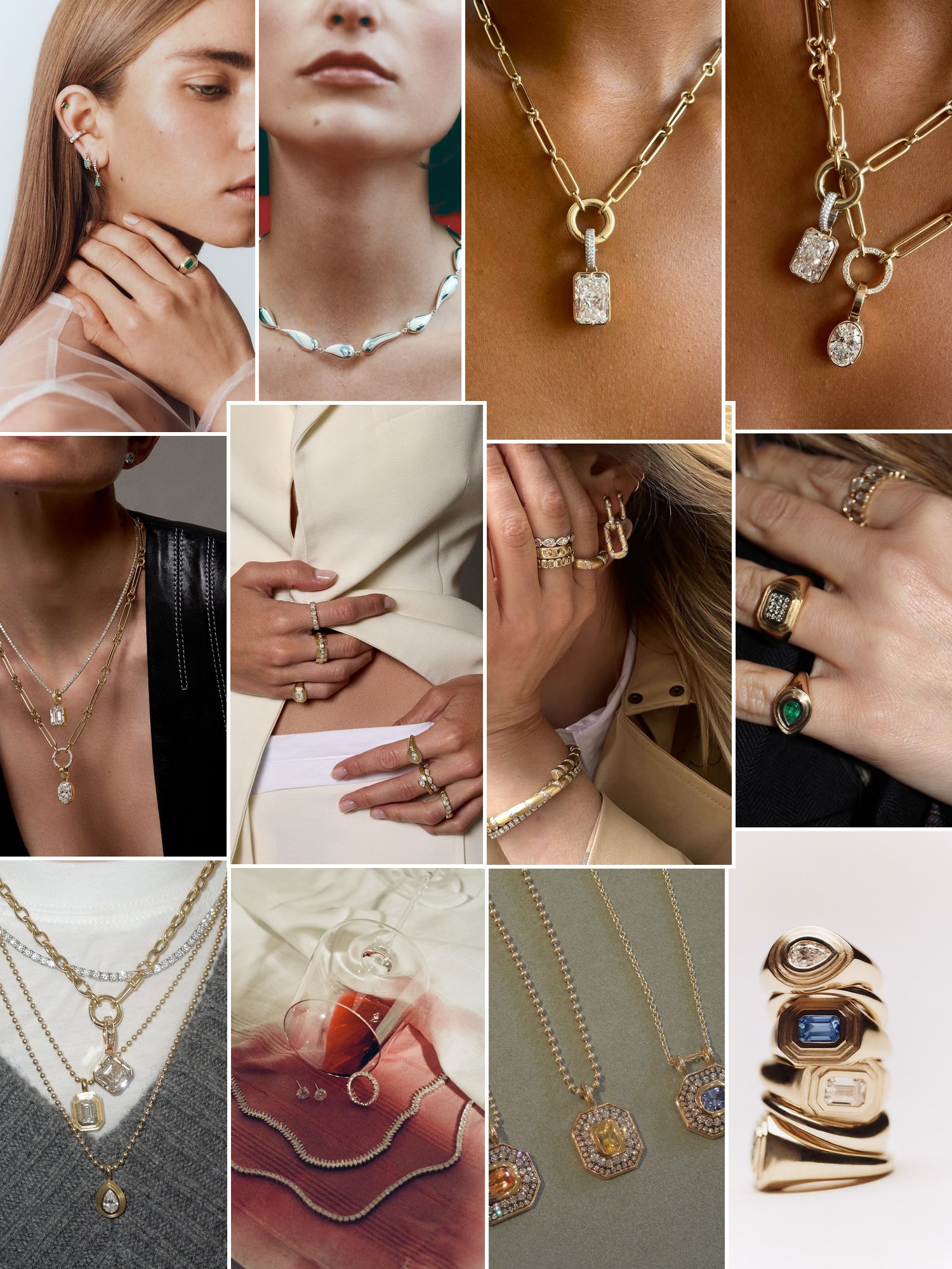 Collage of rings, earrings and layered necklaces worn up close, in the spirit of Fiametta