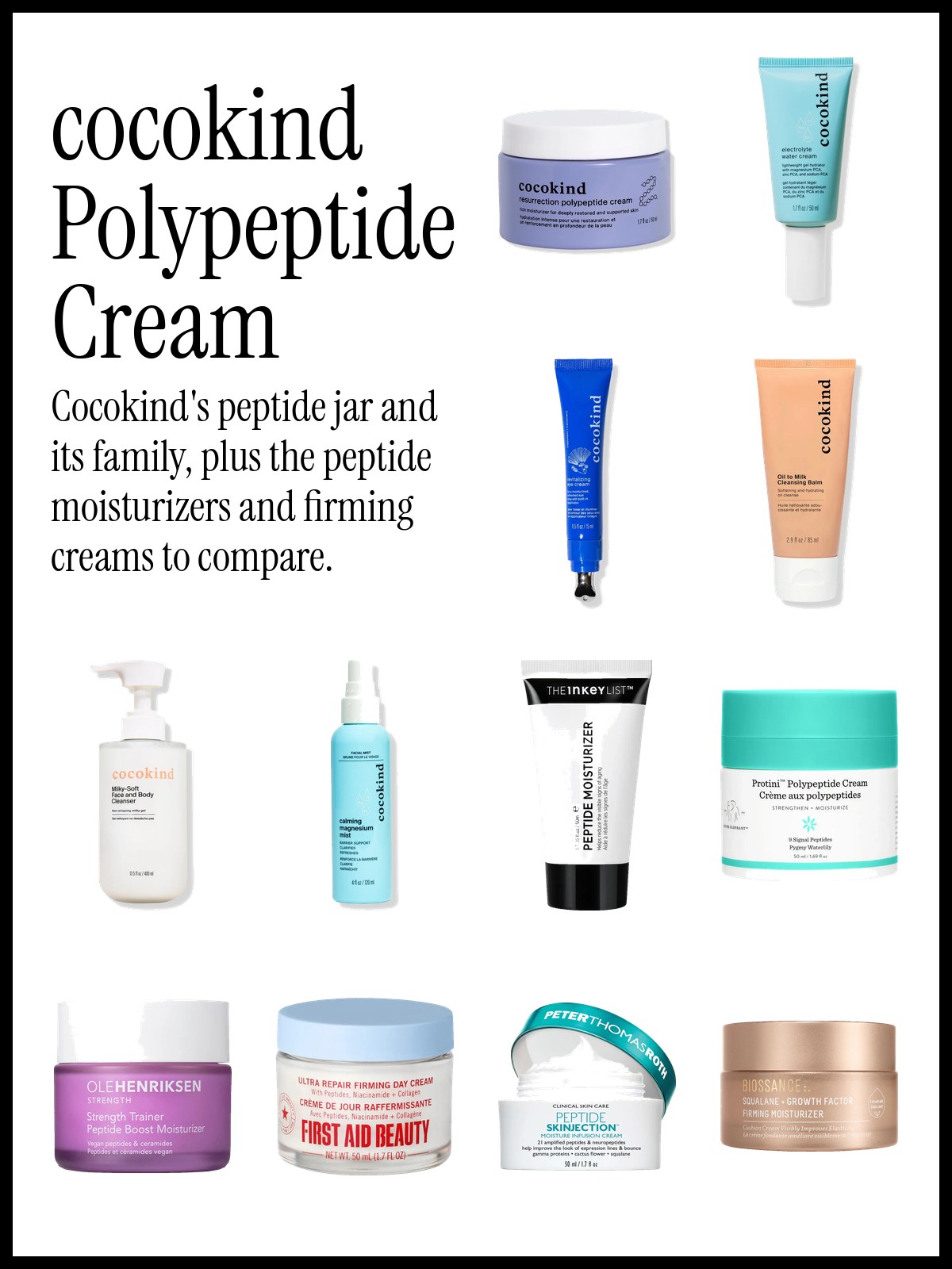 Collage of cocokind Resurrection Polypeptide Cream, Electrolyte Water Cream and Calming Magnesium Facial Mist with peptide moisturizers from INKEY List and Drunk Elephant