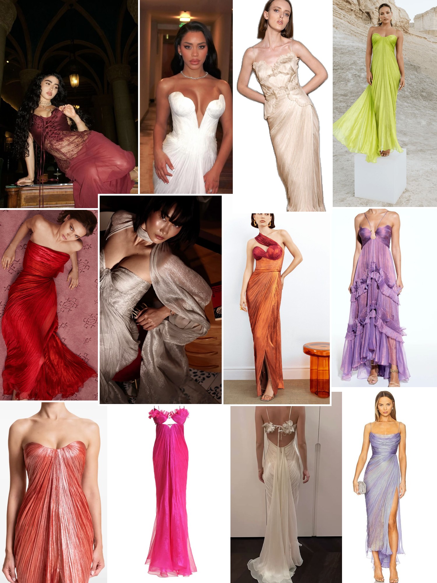 Collage of flowing evening gowns in jewel tones, metallic satin, airy tulle, and bridal ivory.