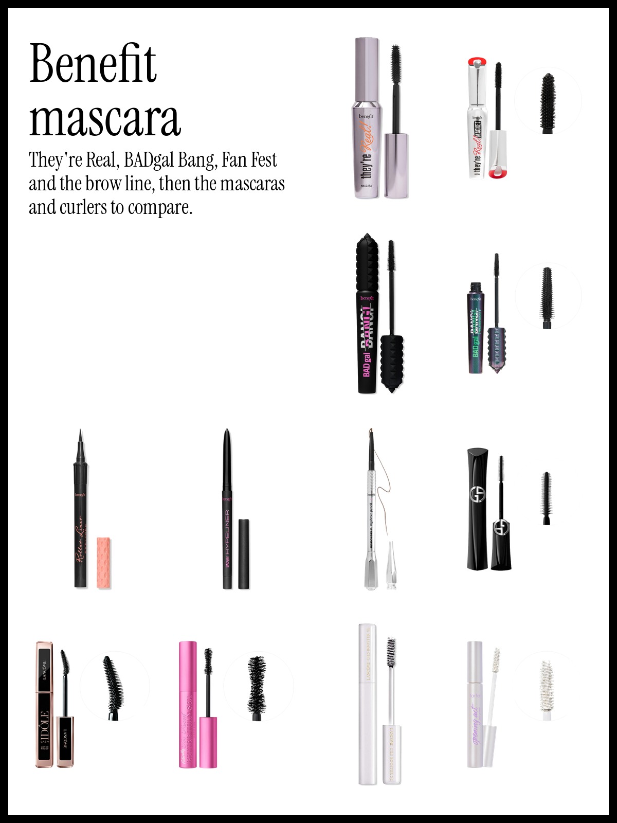 Collage of Benefit They're Real Lengthening Mascara, Benefit Roller Liner Waterproof Liquid Eyeliner and Armani Beauty Vertigo Lift Longwear Lengthening Mascara