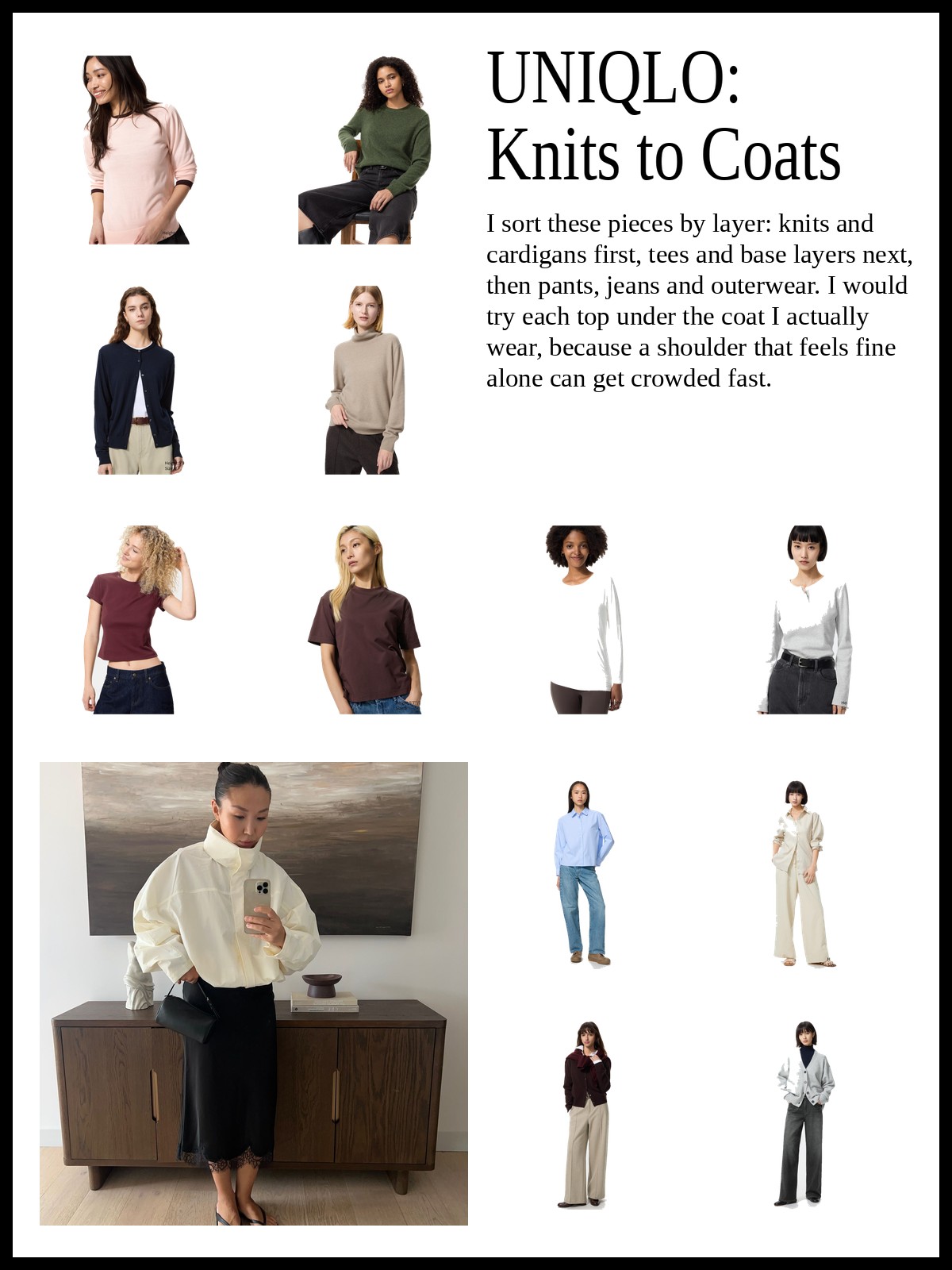 Collage of sweaters and cardigans, tees and base layers, and pants, jeans and outerwear