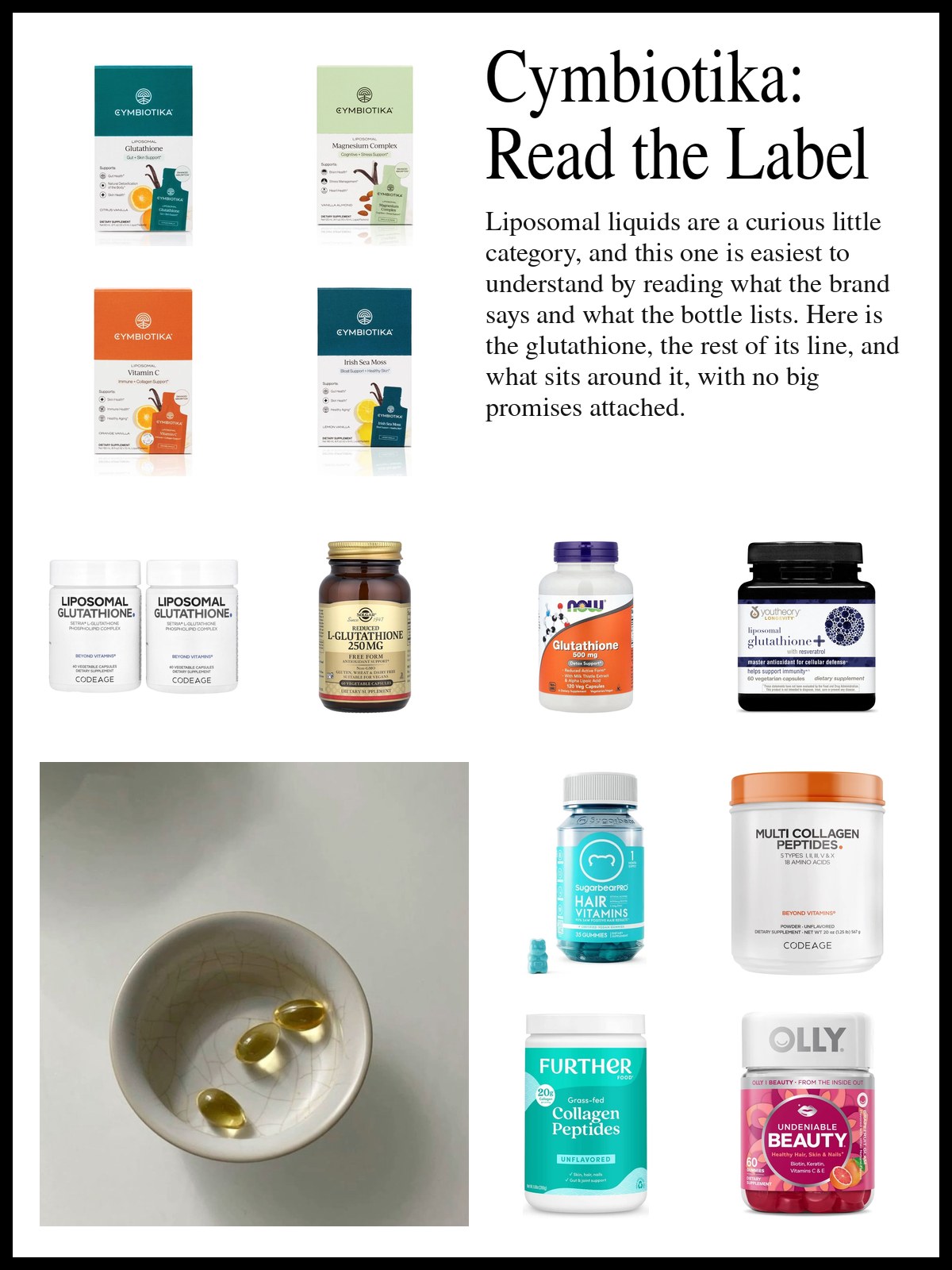 Collage of Cymbiotika liposomal liquid supplements, glutathione capsules and droppers from other brands, and hair and collagen supplements, with a mood photo of golden softgels in a small white bowl.