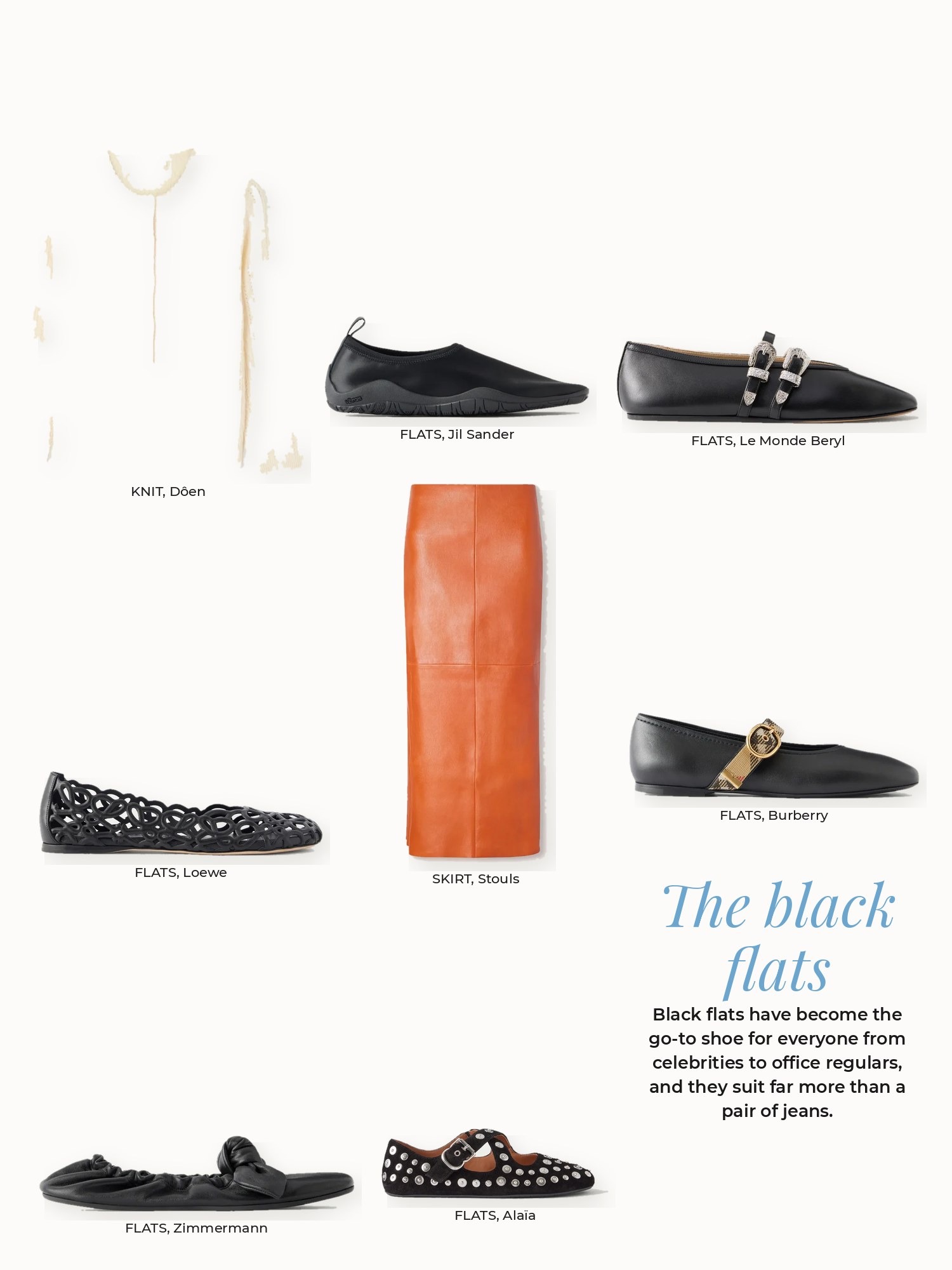 Black flats collage: Alaïa, Burberry, Dôen, Jil Sander, Le Monde Beryl, Loewe, Stouls, Zimmermann