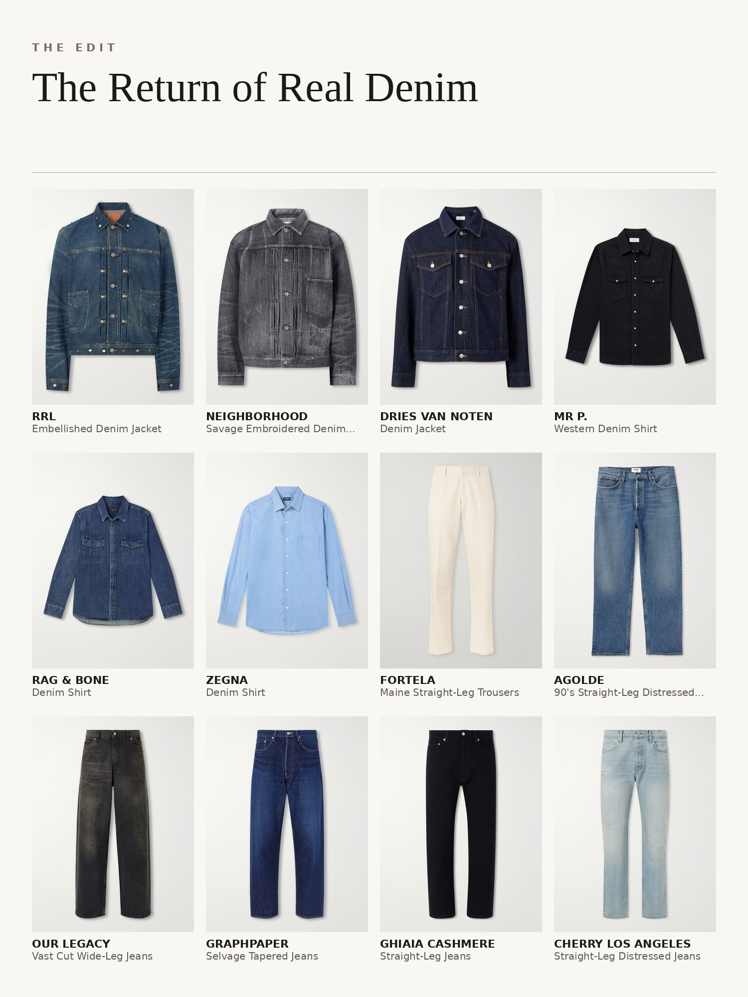 Collage of denim: embroidered denim jackets, denim shirts, straight-leg and wide-leg jeans in dark and mid blue washes