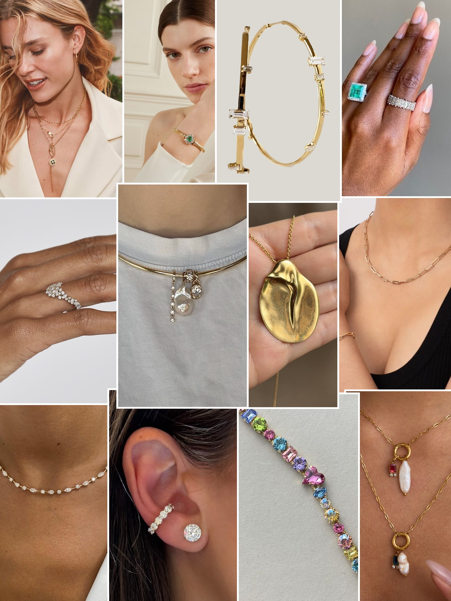 Collage of rings, earrings and layered necklaces worn up close, in the spirit of Stephanie Windsor