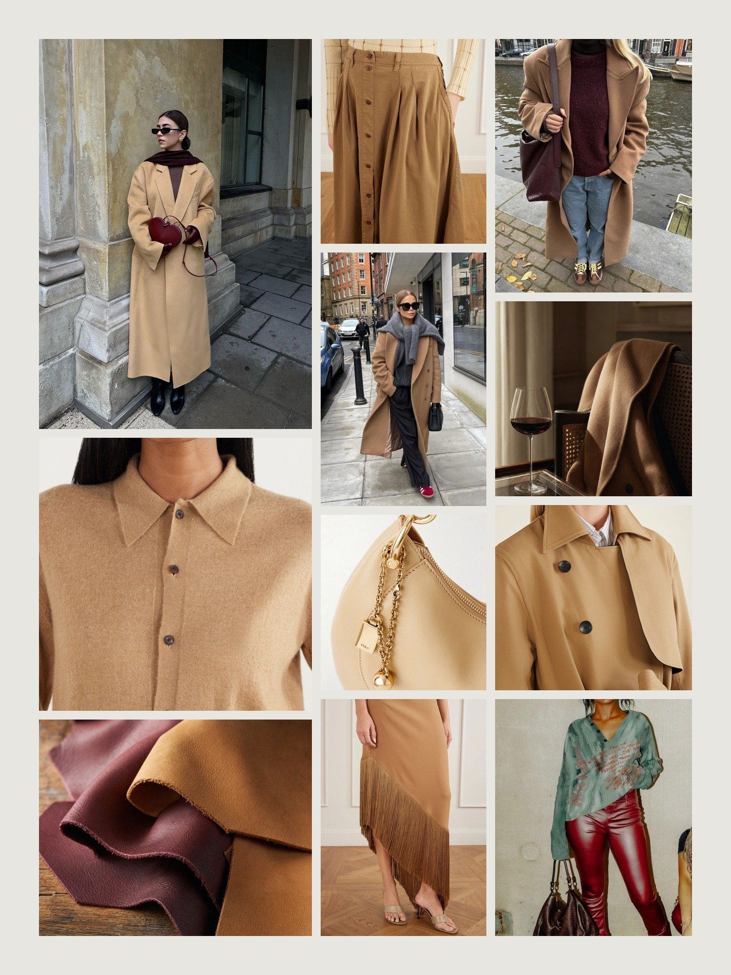 Mood board for camel and burgundy outfits: four street-style photos of women wearing camel and burgundy, close-ups of the Auralee cashmere cardigan, the Jamie Haller midi skirt, the Chloé shoulder bag, the Taller Marmo midi dress and the Maria McManus trench coat from this edit, and two still lifes in both colors