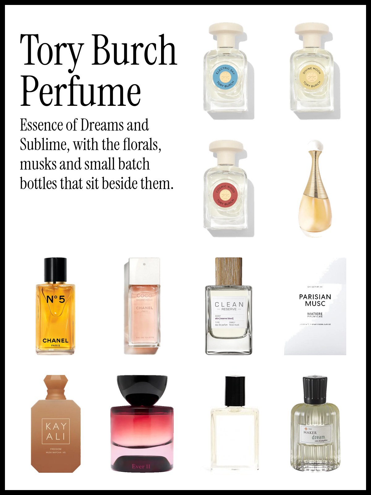 Collage of Tory Burch Electric Sky, Divine Moon and Cosmic Wood eau de parfum with Dior J'adore, Chanel N°5, Clean Reserve Skin, Kayali Freedom Musk Matcha and The Maker Dream