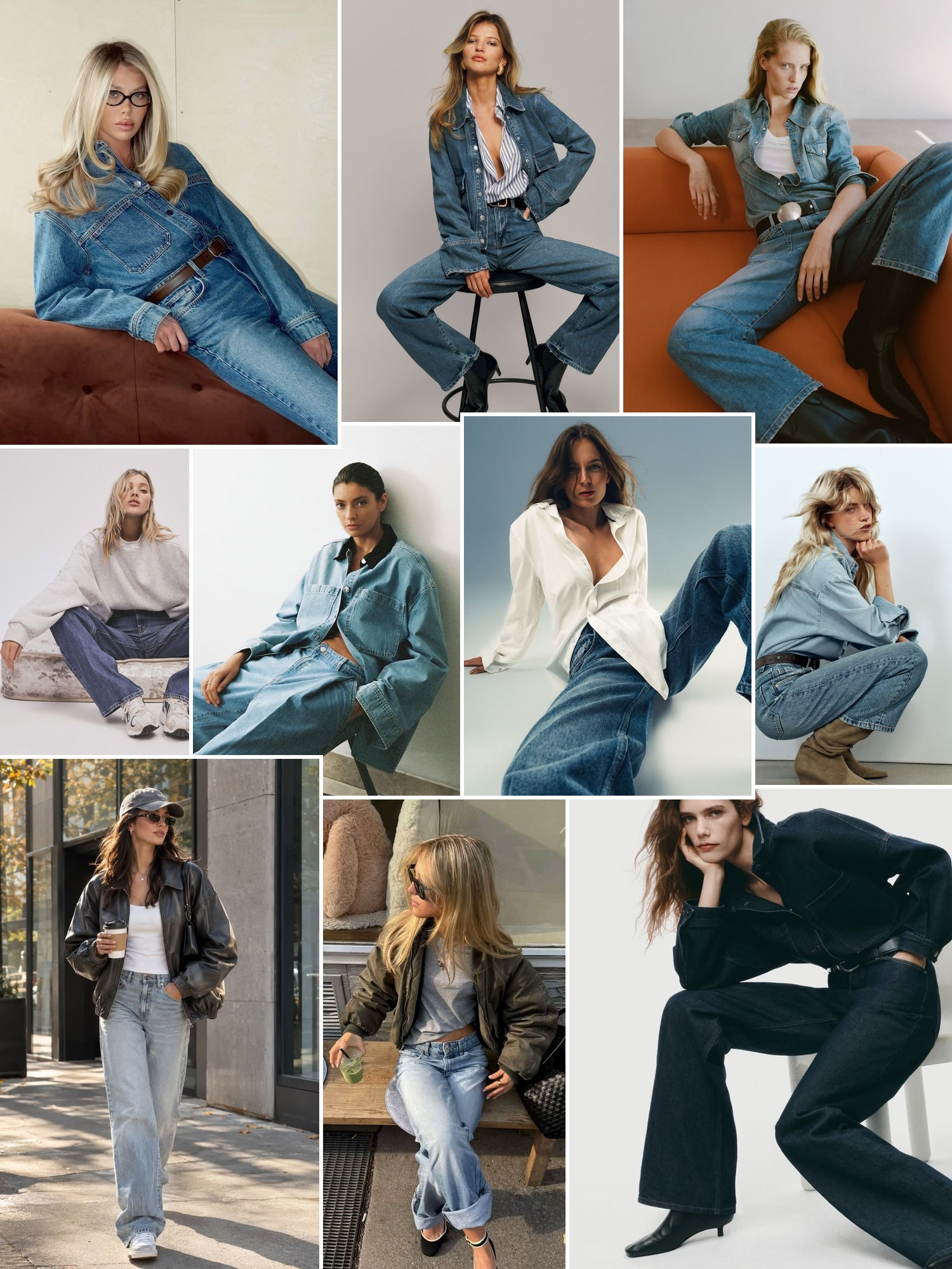 Street style collage of women in jeans, bomber jackets and tees