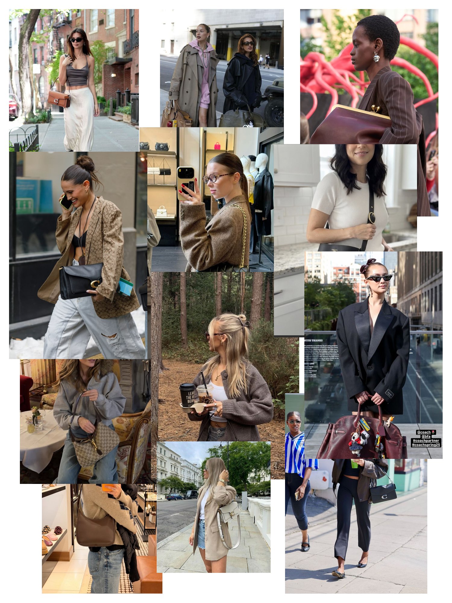 Street-style collage of 12 outfit photos featuring coach bags, scattered and overlapping