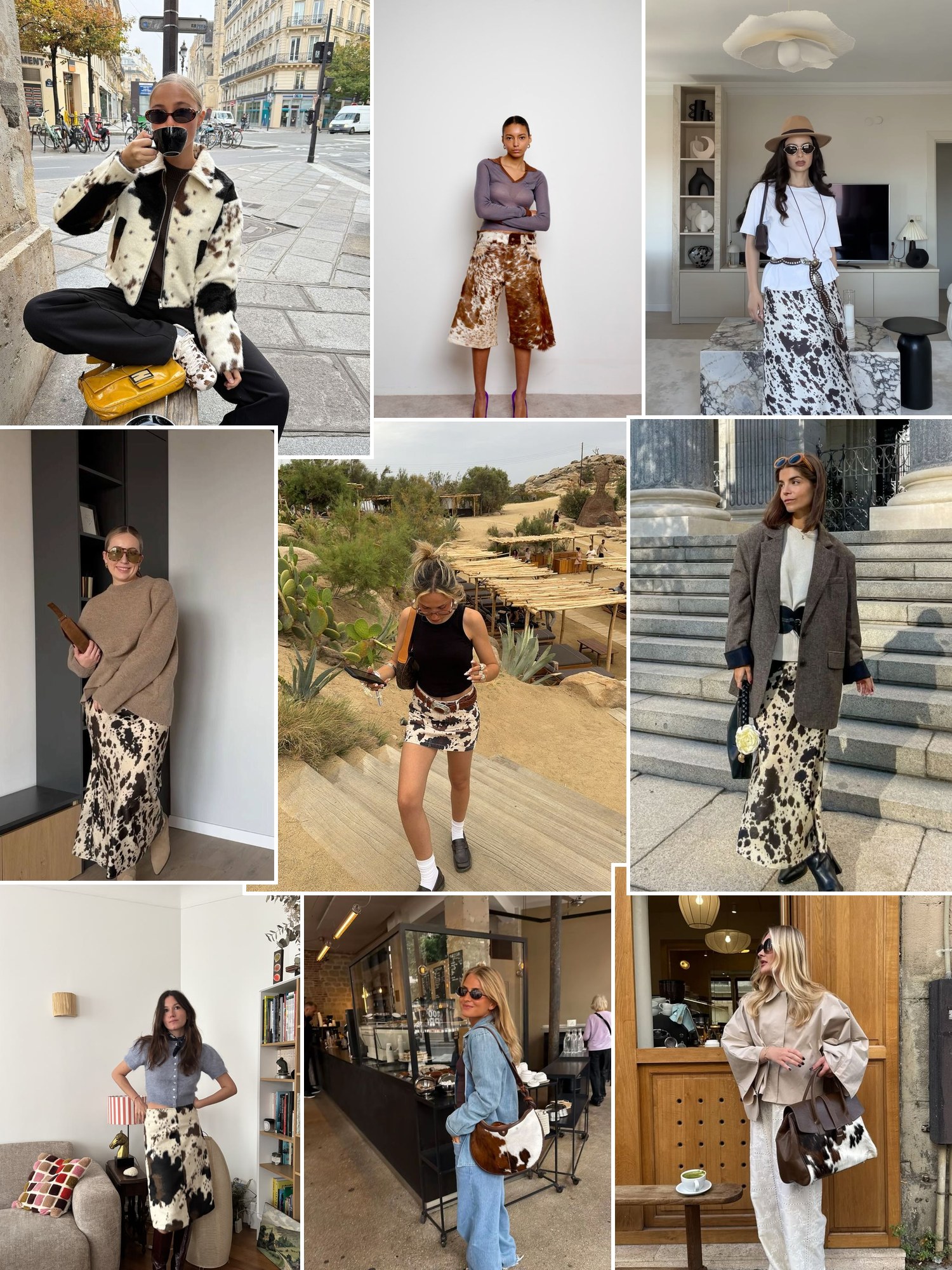 Collage of everyday outfits built around cow print