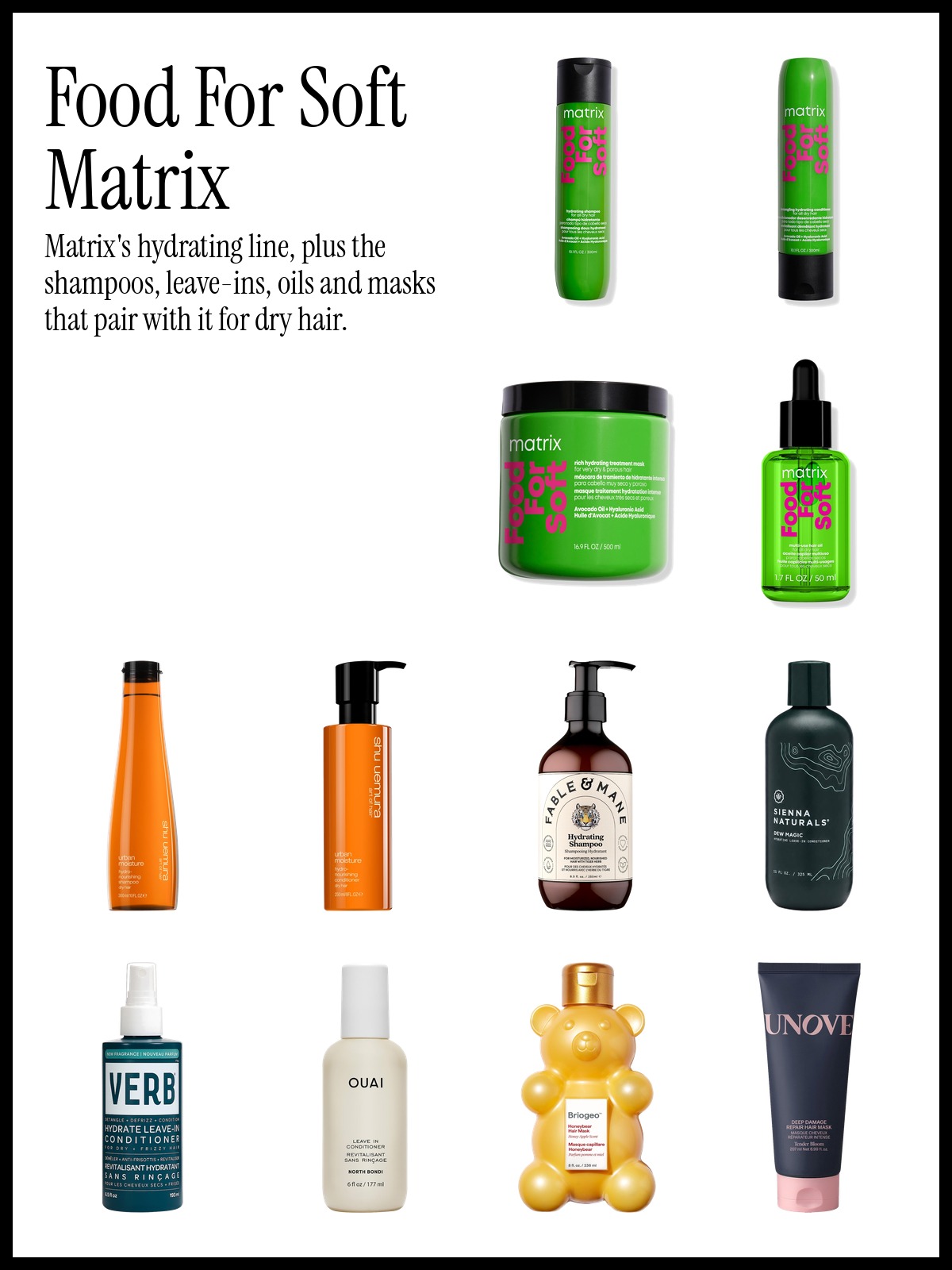 Collage of Matrix Food For Soft shampoo and conditioner, shu uemura Urban Moisture shampoo and Sienna Naturals Dew Magic leave-in