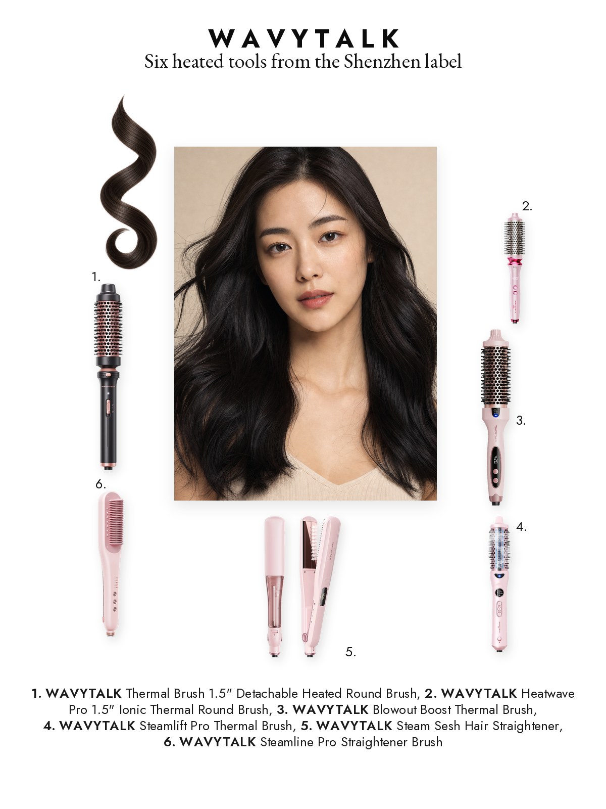 Magazine page featuring six Wavytalk tools: Blowout Boost, Heatwave Pro, Steamlift Pro, Detachable Heated Round Brush, Steam Sesh and Steamline Pro.